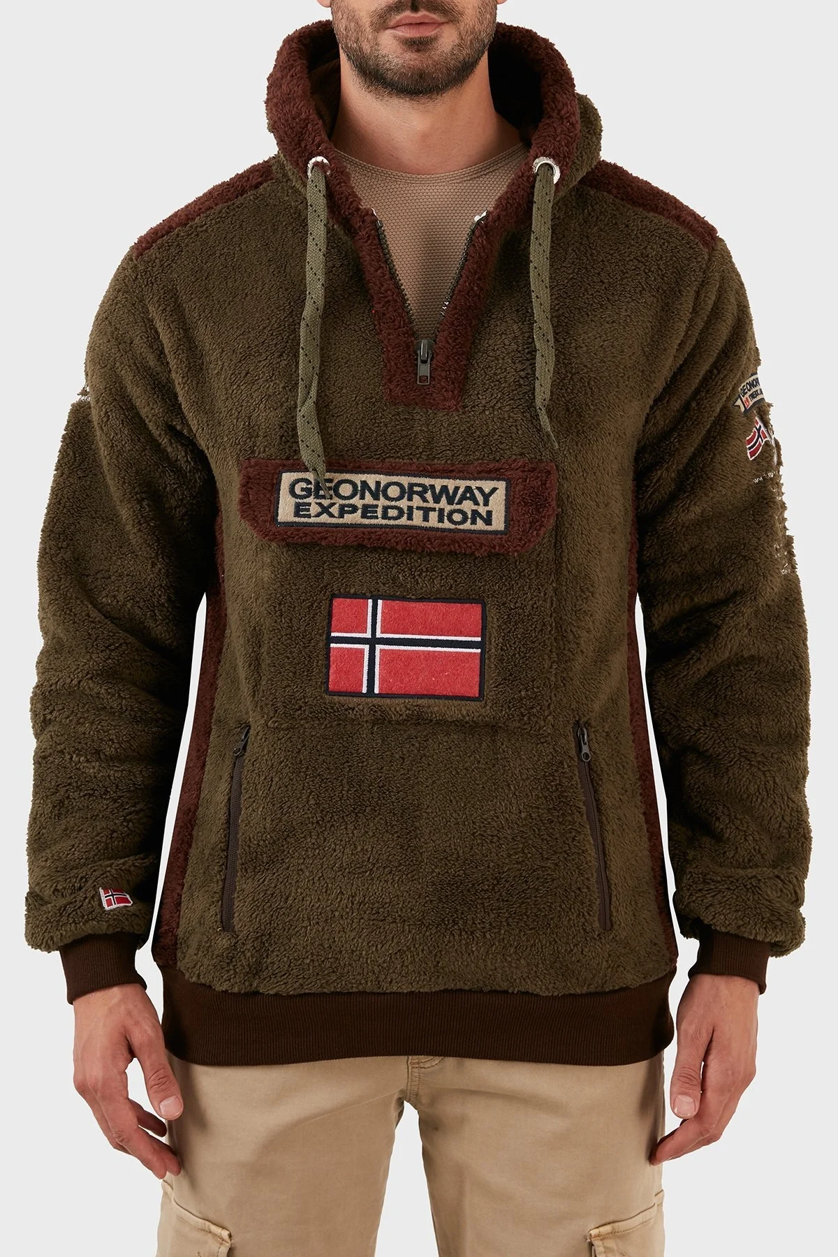 Norway Geographical Pamuklu Yumuşak Dokulu Soğuğa Dayanıklı Kapüşonlu Erkek Polar GYMCLASS SHERCOE KAKİ - 4