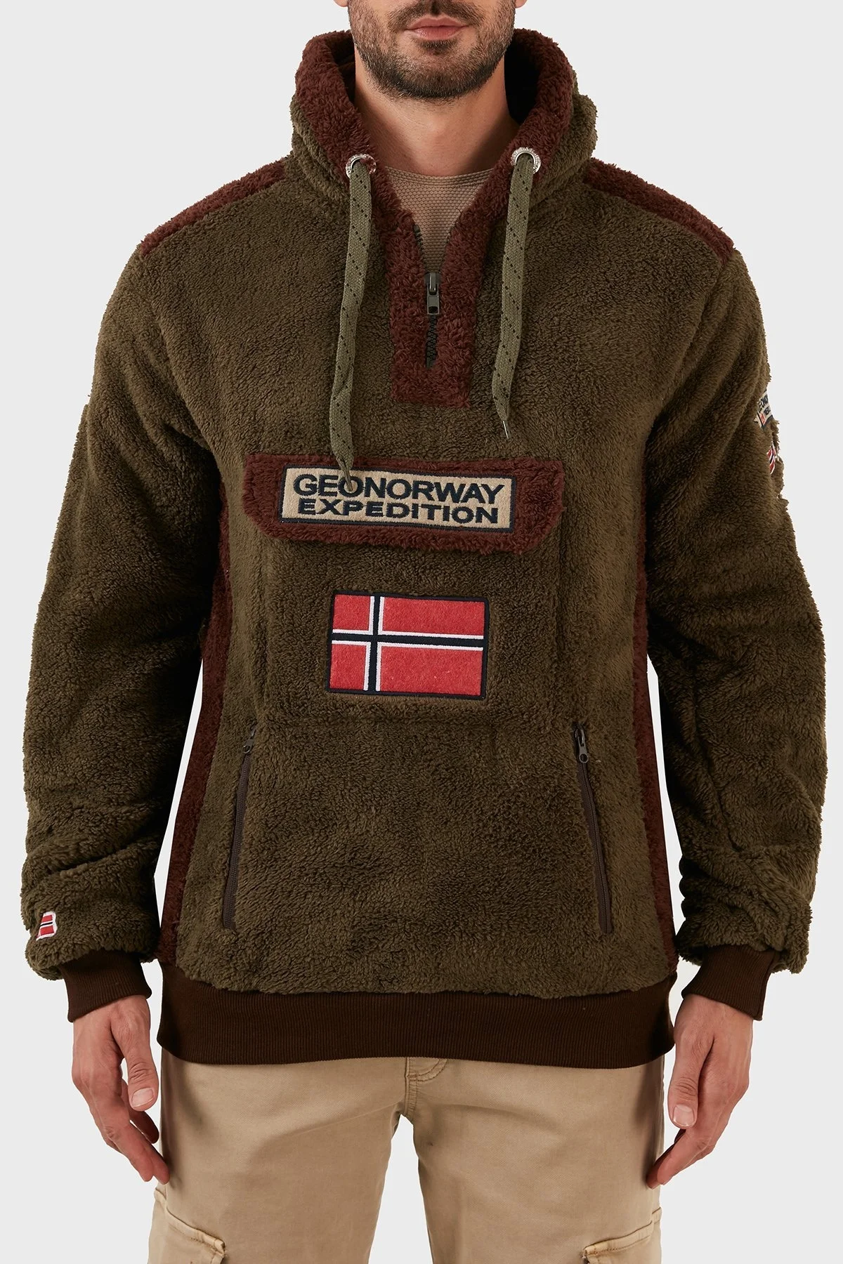 Norway Geographical Pamuklu Yumuşak Dokulu Soğuğa Dayanıklı Kapüşonlu Erkek Polar GYMCLASS SHERCOE KAKİ - 6