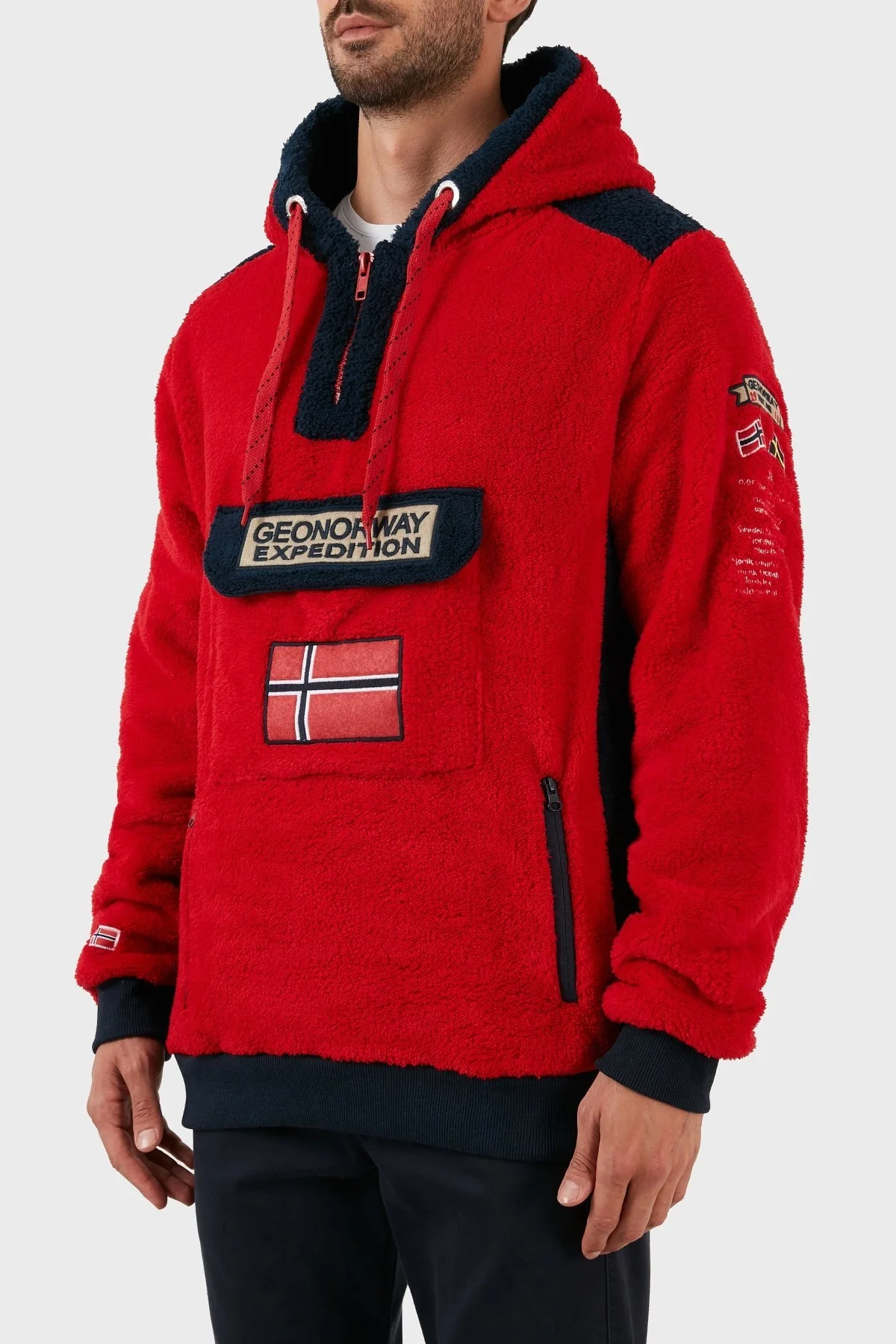 Norway Geographical Pamuklu Yumuşak Dokulu Soğuğa Dayanıklı Kapüşonlu Erkek Polar GYMCLASS SHERCOE KIRMIZI - 2