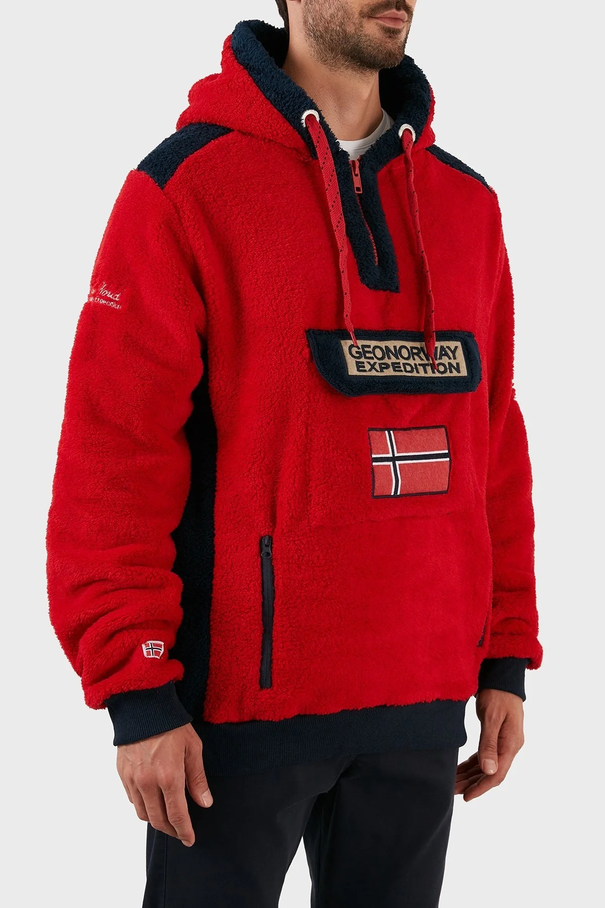 Norway Geographical Pamuklu Yumuşak Dokulu Soğuğa Dayanıklı Kapüşonlu Erkek Polar GYMCLASS SHERCOE KIRMIZI - 3