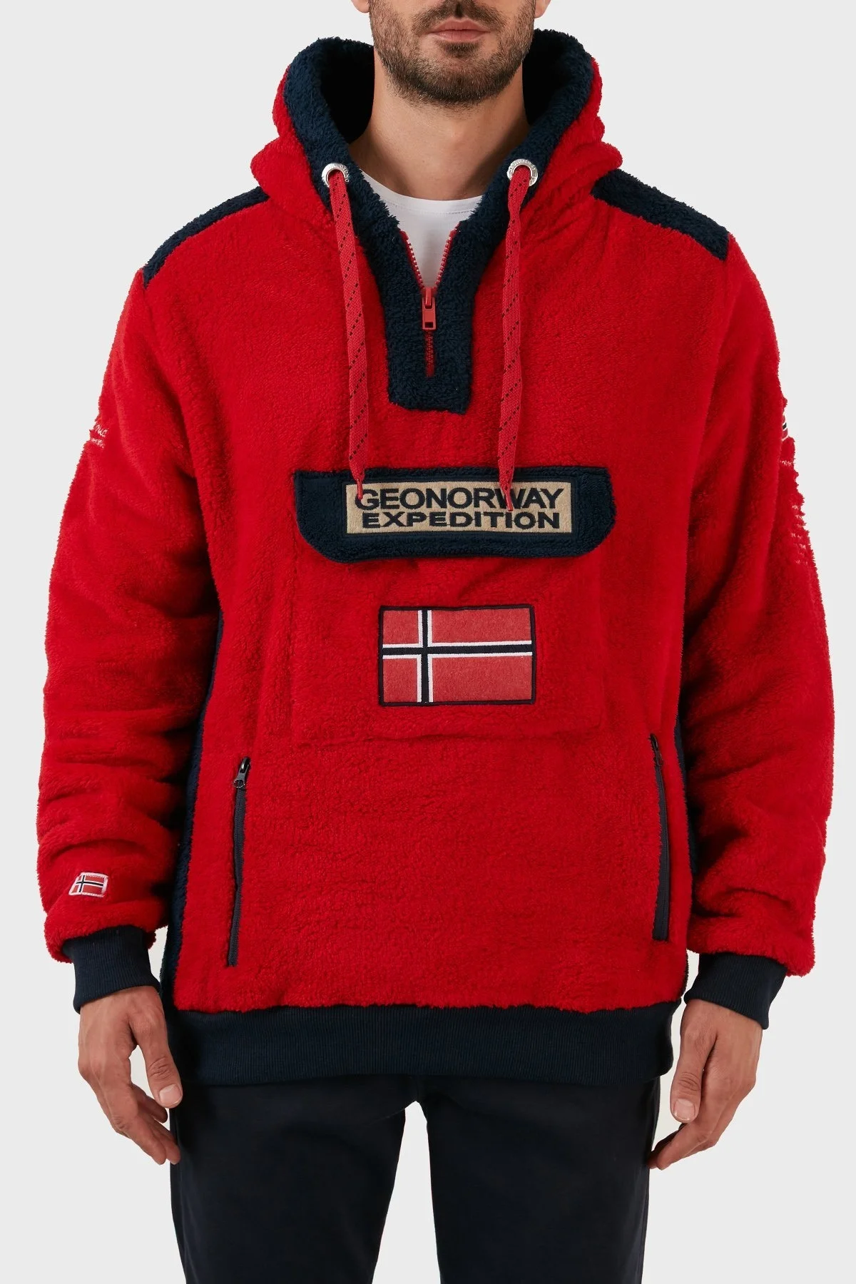 Norway Geographical Pamuklu Yumuşak Dokulu Soğuğa Dayanıklı Kapüşonlu Erkek Polar GYMCLASS SHERCOE KIRMIZI - 4