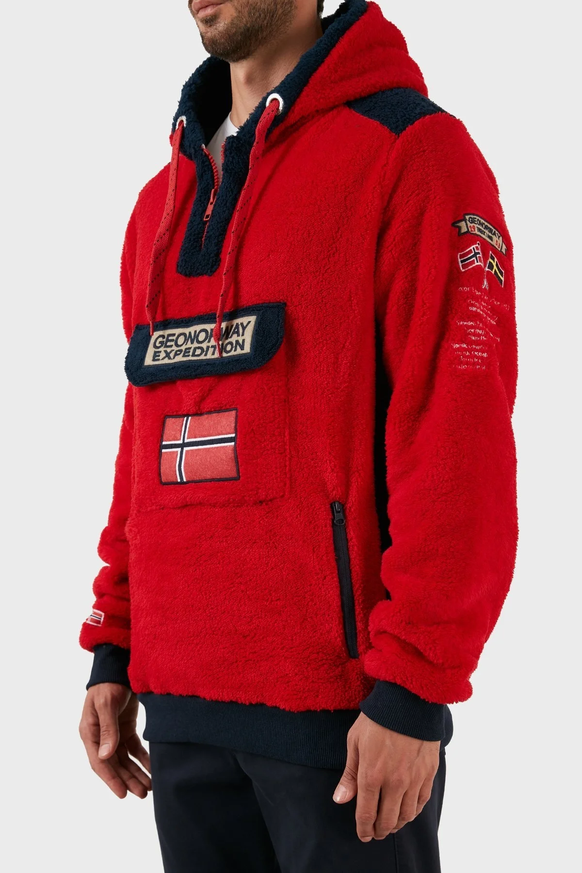 Norway Geographical Pamuklu Yumuşak Dokulu Soğuğa Dayanıklı Kapüşonlu Erkek Polar GYMCLASS SHERCOE KIRMIZI - 6