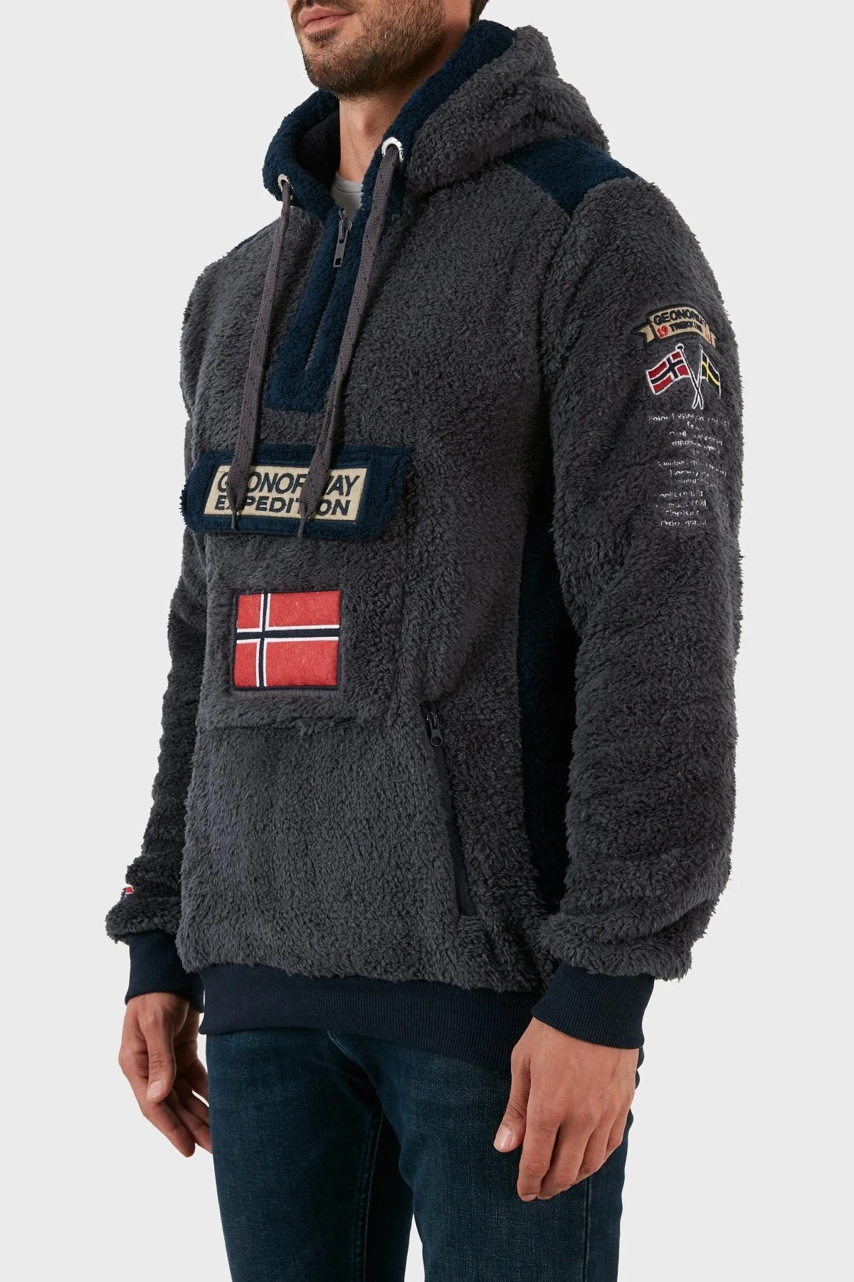 Norway Geographical Pamuklu Yumuşak Dokulu Soğuğa Dayanıklı Kapüşonlu Erkek Polar GYMCLASS SHERCOE KOYU GRİ - 2