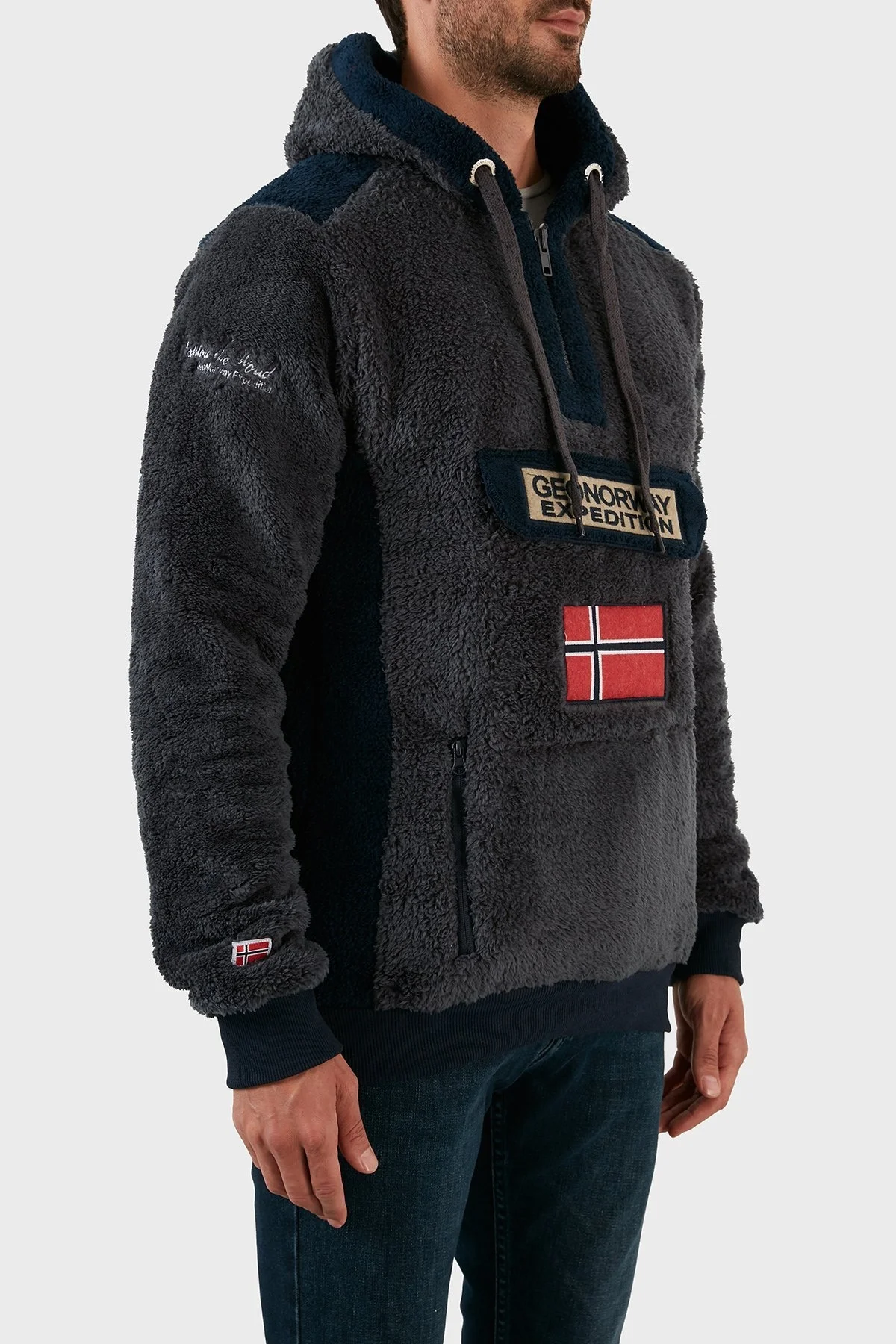 Norway Geographical Pamuklu Yumuşak Dokulu Soğuğa Dayanıklı Kapüşonlu Erkek Polar GYMCLASS SHERCOE KOYU GRİ - 3