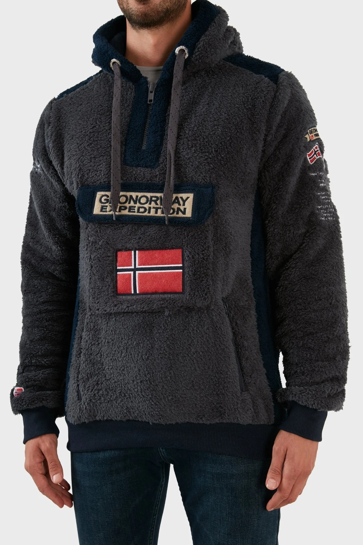 Norway Geographical Pamuklu Yumuşak Dokulu Soğuğa Dayanıklı Kapüşonlu Erkek Polar GYMCLASS SHERCOE KOYU GRİ - 4