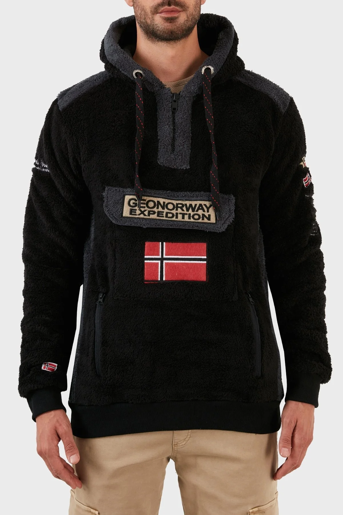 Norway Geographical Pamuklu Yumuşak Dokulu Soğuğa Dayanıklı Kapüşonlu Erkek Polar GYMCLASS SHERCOE SİYAH - 1