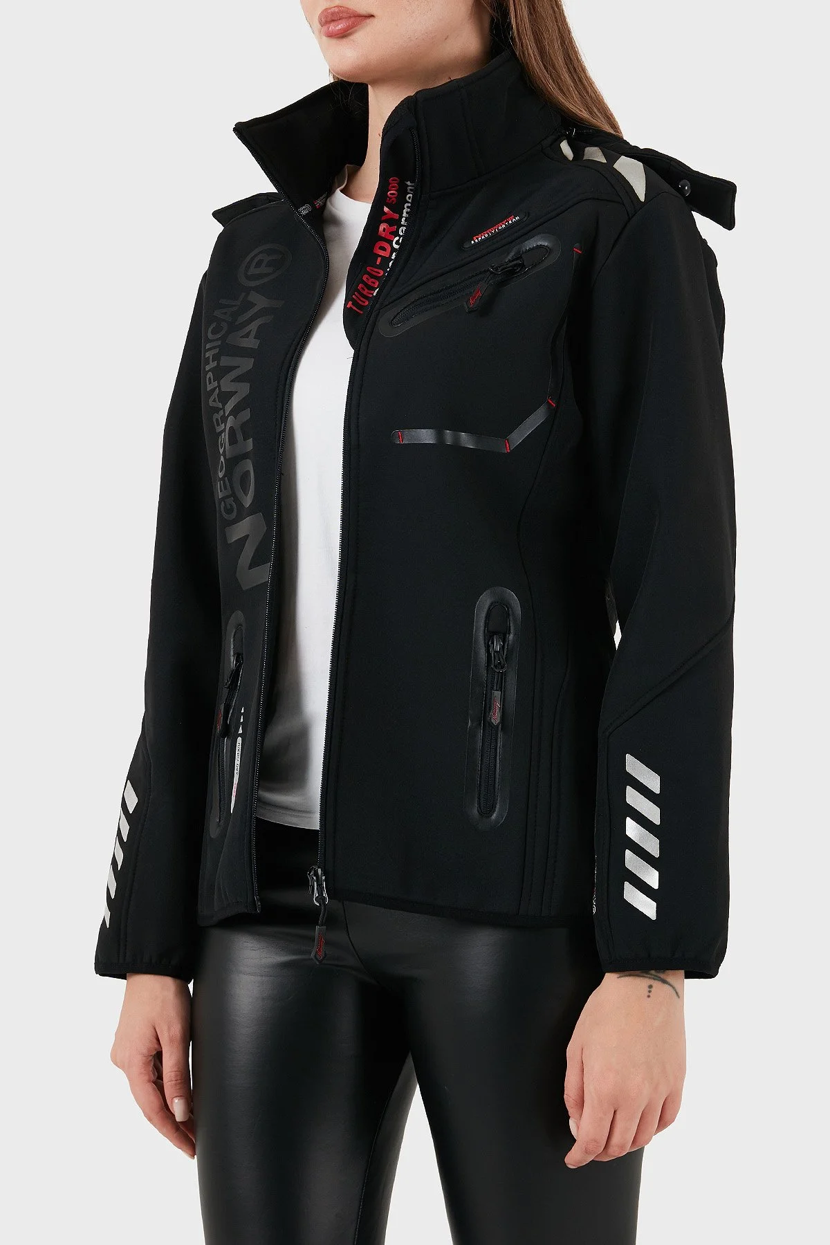 Norway Geographical Su Geçirmez 5000 mm Softshell Çıkarılabilir Kapüşonlu Bayan Mont REINE SİYAH-KIRMIZI - 6