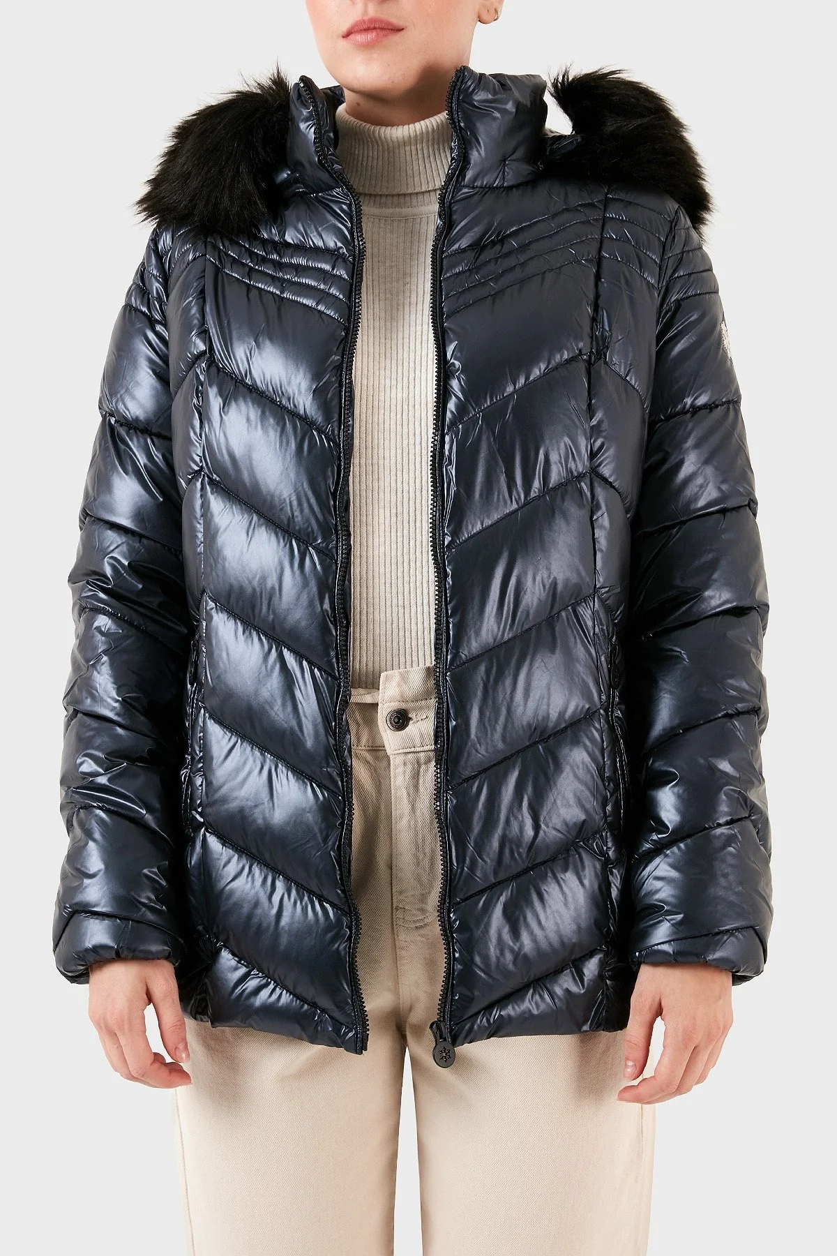 Norway Geographical Su Geçirmez Isı Yalıtımlı Çıkarılabilir Kapüşonlu Softshell Bayan Mont BOSHINY LACİVERT - 2