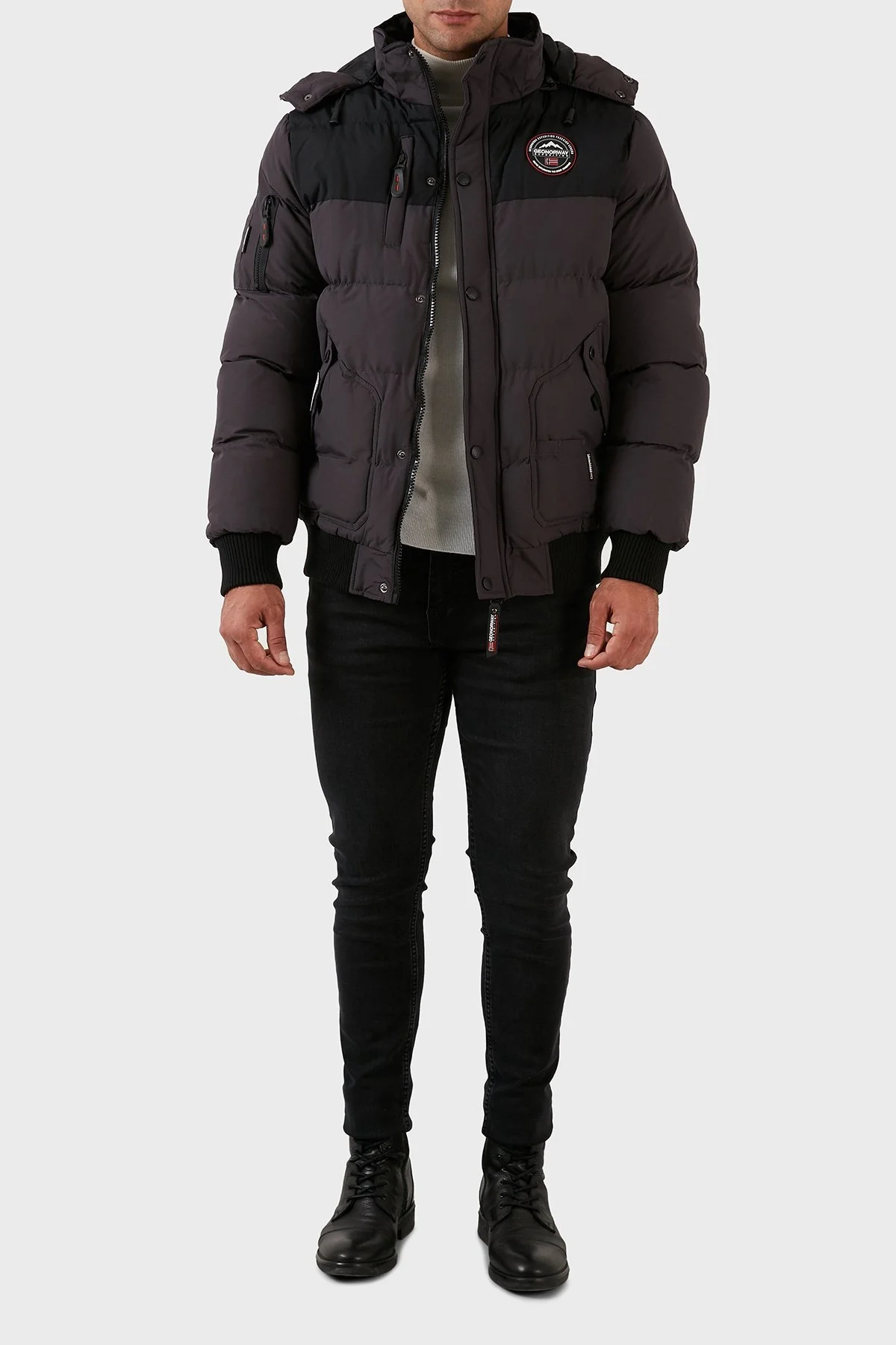 Norway Geographical Suya Dayanıklı Çıkarılabilir Kapüşonlu Şişme Erkek Mont VOLVA KOYU GRİ - 11