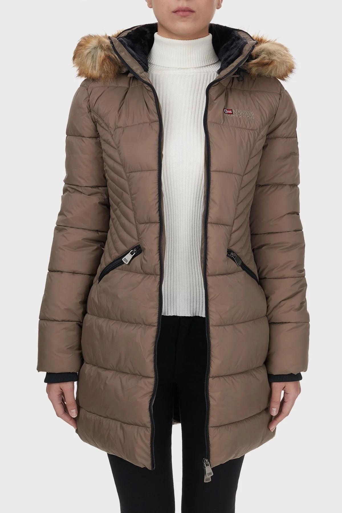 Norway Geographical Suya ve Soğuğa Dayanıklı Kapüşonlu Bayan Parka ABEILLE VİZON - 12