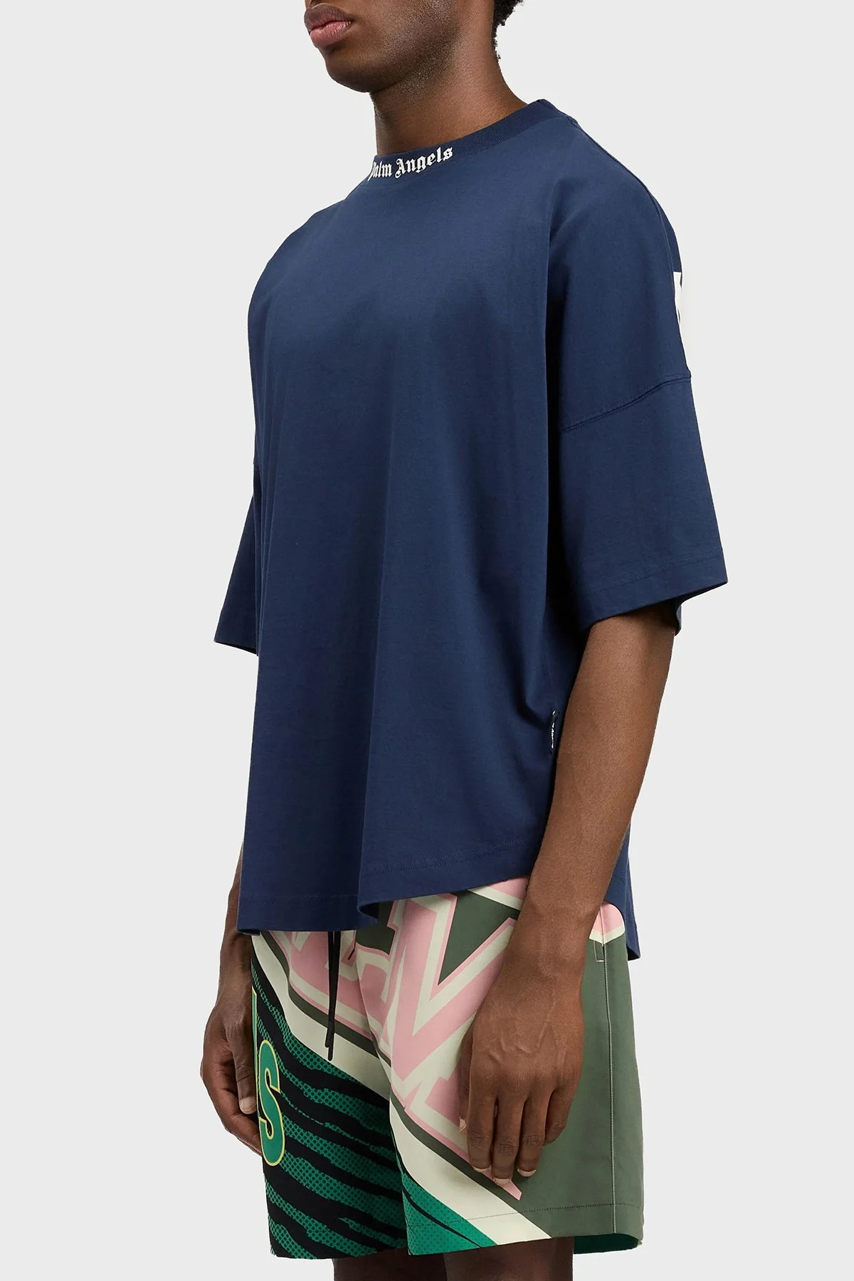 Palm Angels % 100 Pamuk Oversize Fit Logo Baskılı Bisiklet Yaka Erkek T Shirt PMAA10BS26JER001 LACİVERT - 4