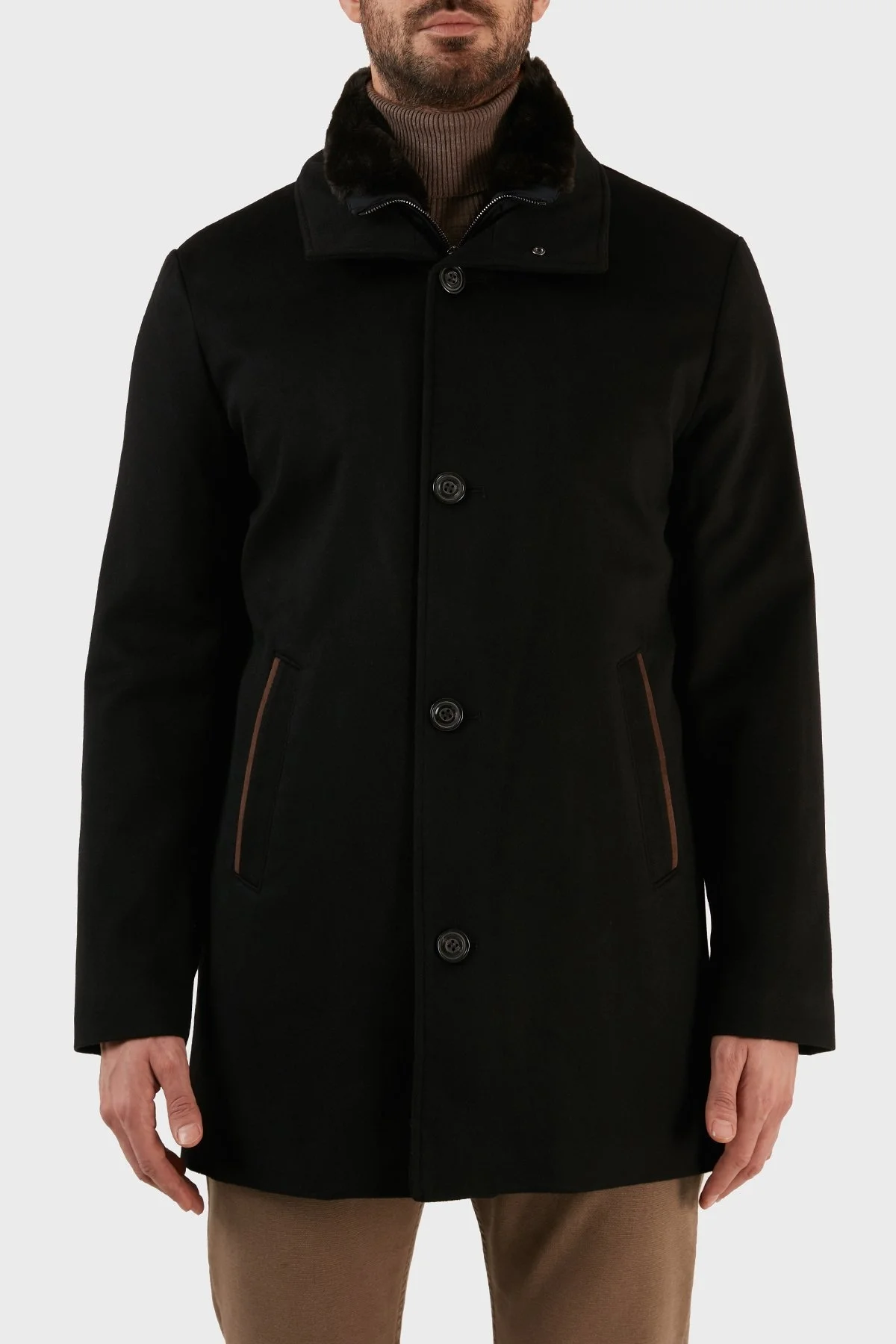 Paul & Shark Kaşmir Karışımlı Regular Fit Suni Kürklü Dik Yaka Erkek Kaban 12312470 011 SİYAH - 1