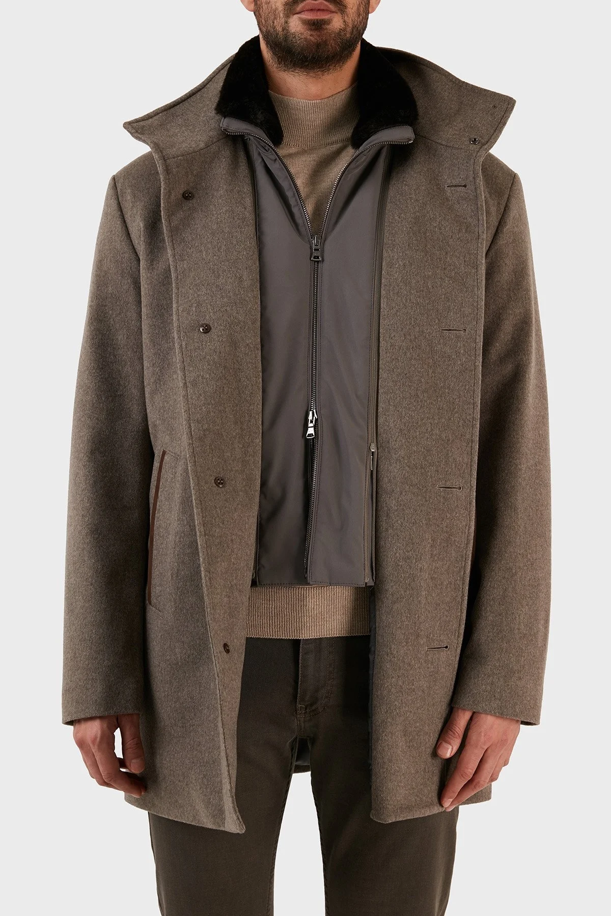 Paul & Shark Kaşmir Karışımlı Regular Fit Suni Kürklü Dik Yaka Erkek Kaban 12312470 090 VİZON - 3