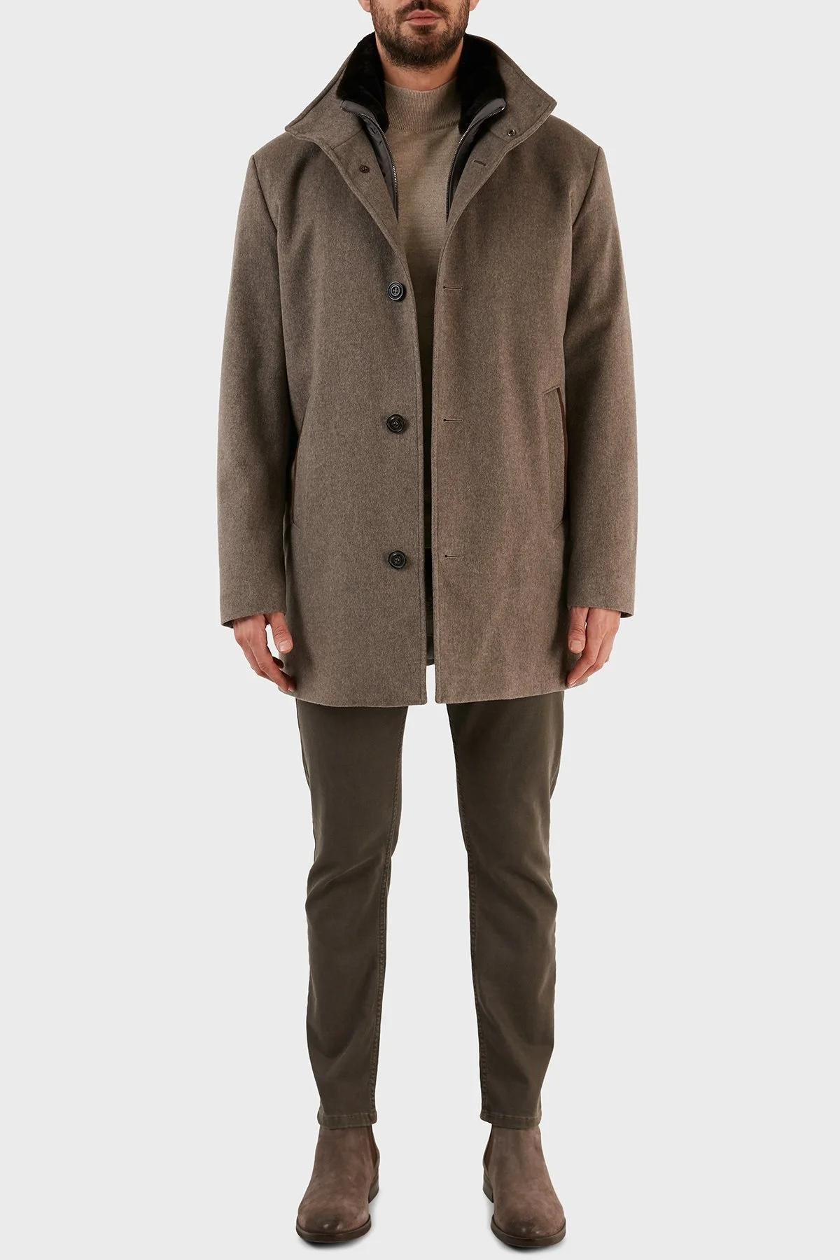 Paul & Shark Kaşmir Karışımlı Regular Fit Suni Kürklü Dik Yaka Erkek Kaban 12312470 090 VİZON - 4