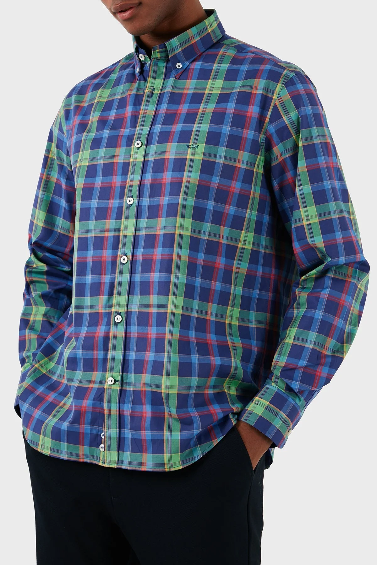 Paul & Shark Logolu Kareli % 100 Pamuk Erkek Gömlek 23413194J 001 MAVİ-YEŞİL - 1