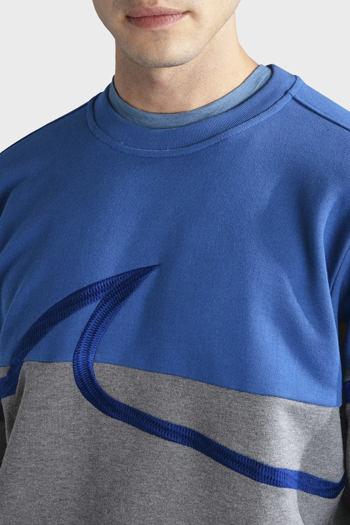 Paul & Shark Renk Bloklu % 100 Pamuk Bisiklet Yaka Oversize Erkek Sweat 13311954 410 MAVİ - 2