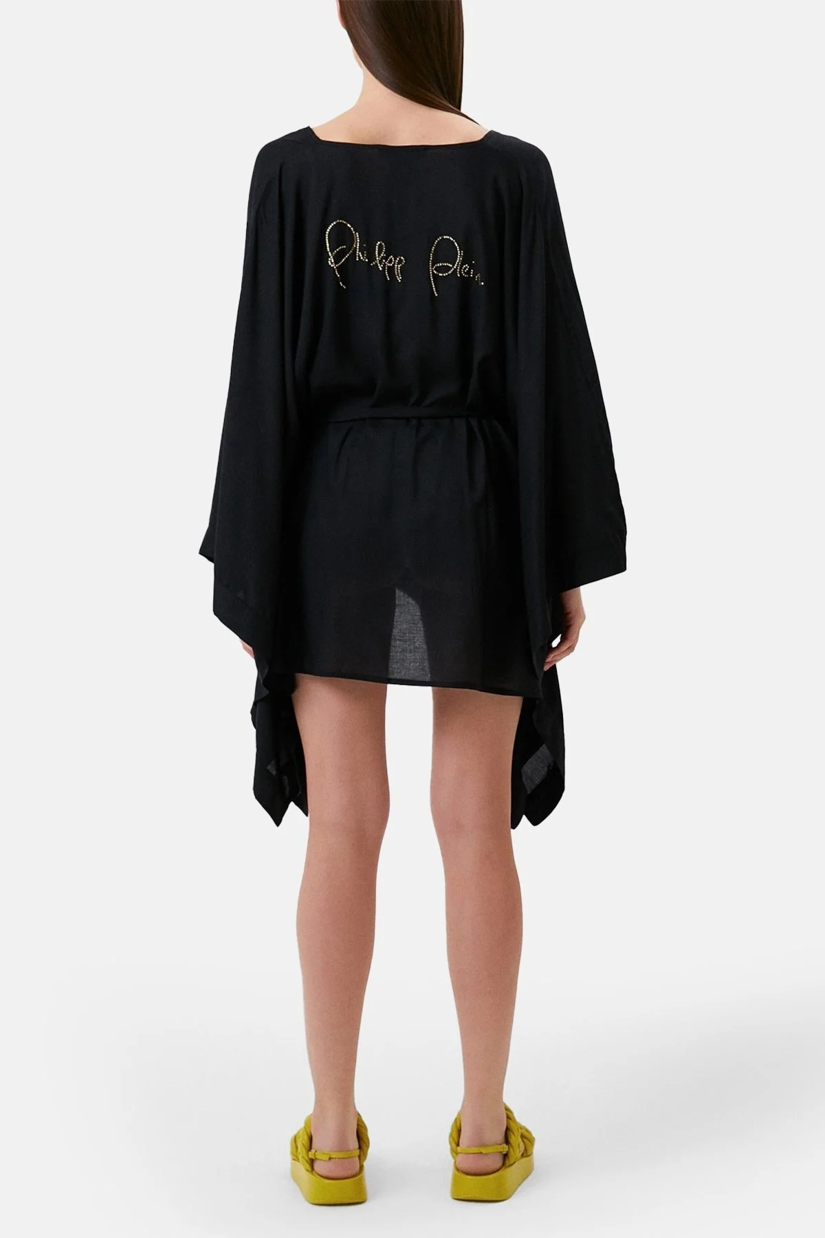 Philipp Plein Logolu Belden Bağlamalı Regular Fit Kimono Kaftan Bayan Pareo DMPPK0299 SİYAH - 7