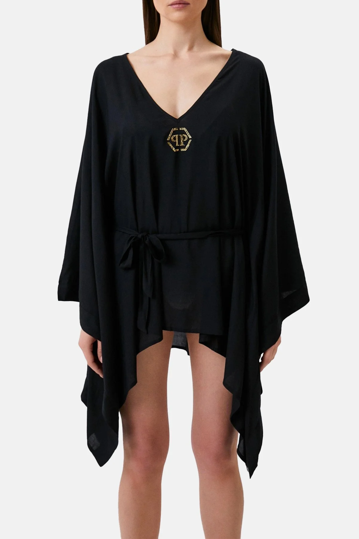 Philipp Plein Logolu Belden Bağlamalı Regular Fit Kimono Kaftan Kadın Pareo DMPPK0299 SİYAH - 1