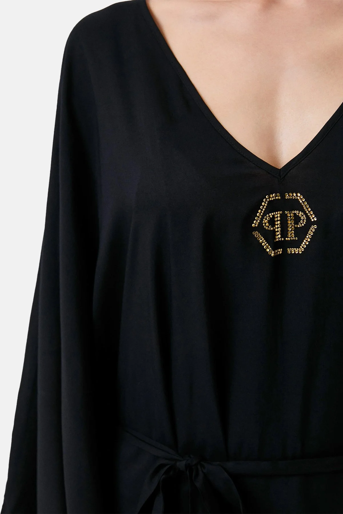 Philipp Plein Logolu Belden Bağlamalı Regular Fit Kimono Kaftan Kadın Pareo DMPPK0299 SİYAH - 4