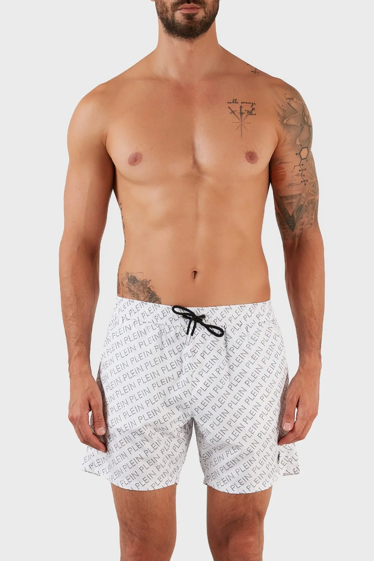 Philipp Plein Logolu Deniz Şortu Belden Bağlamalı Erkek Mayo Short CUPP13M0101 BEYAZ - 1