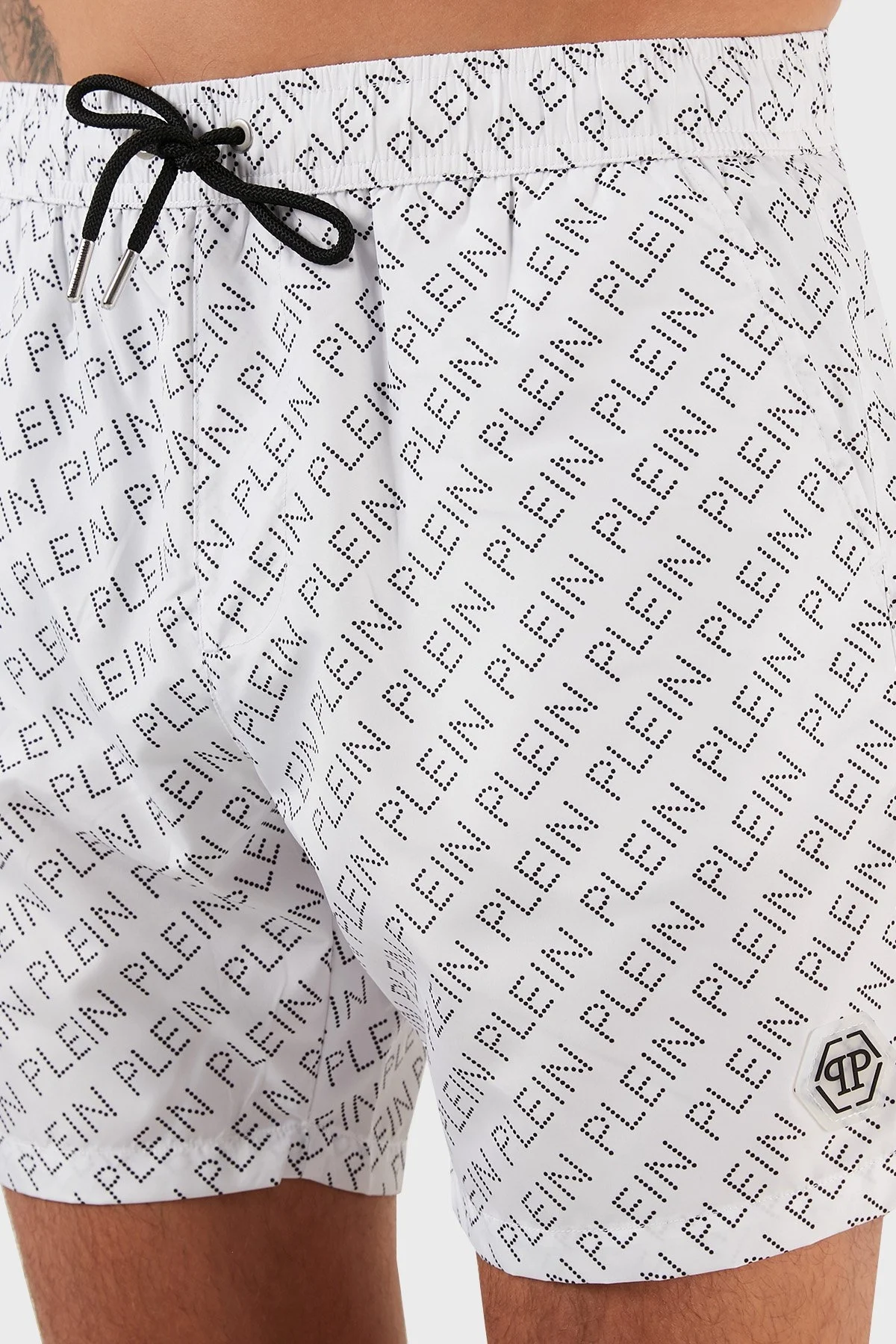 Philipp Plein Logolu Deniz Şortu Belden Bağlamalı Erkek Mayo Short CUPP13M0101 BEYAZ - 6