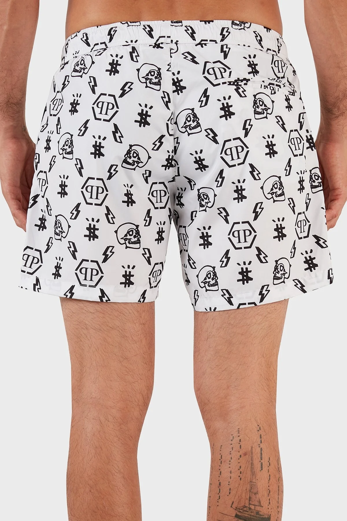 Philipp Plein Logolu Deniz Şortu Belden Bağlamalı Erkek Mayo Short CUPP18M0101 BEYAZ - 5