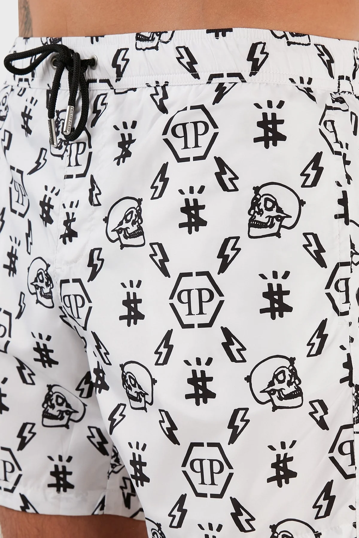 Philipp Plein Logolu Deniz Şortu Belden Bağlamalı Erkek Mayo Short CUPP18M0101 BEYAZ - 6