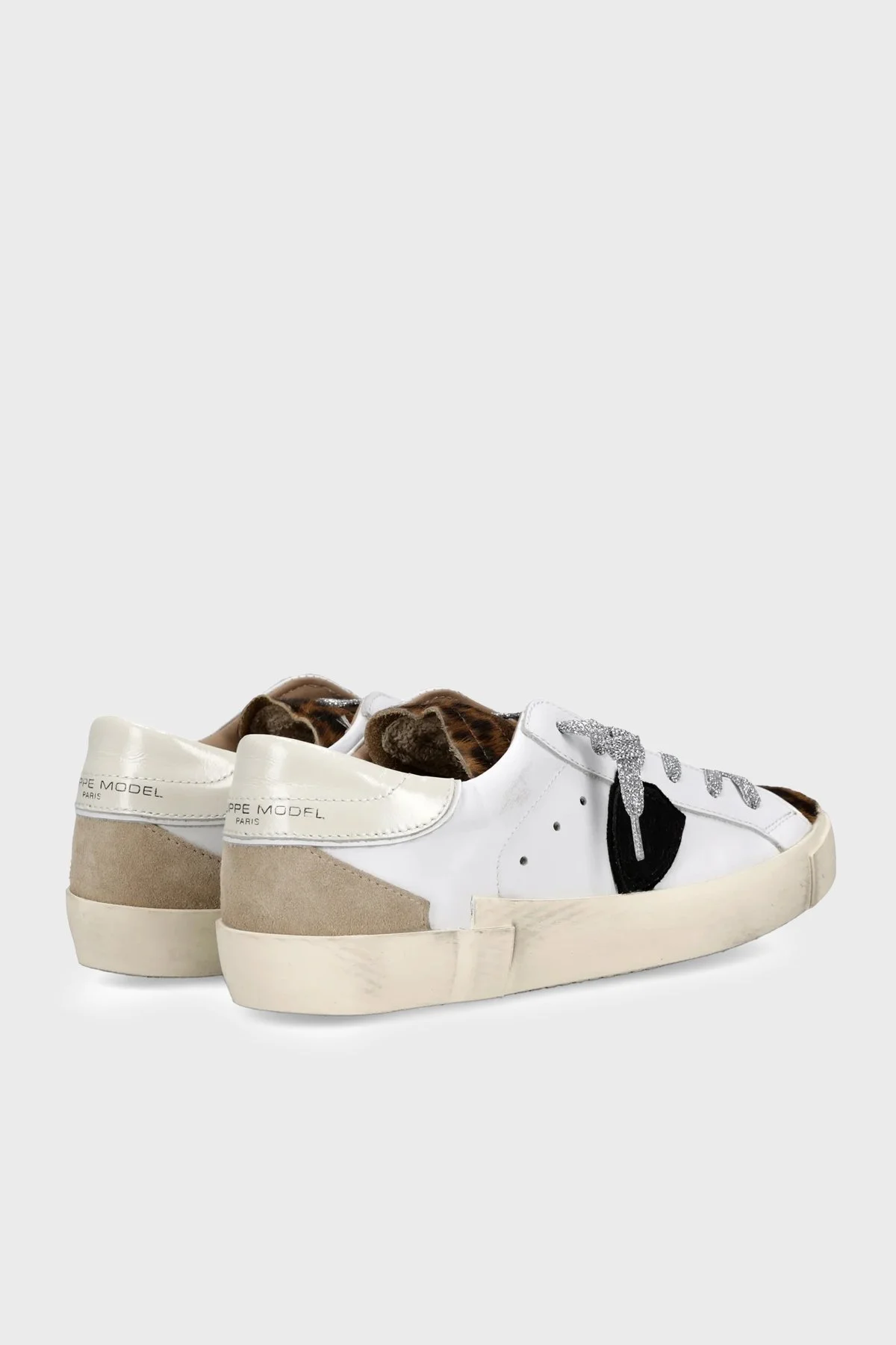 Philippe Model Simli Bağcıklı Deri Sneaker Kadın Ayakkabı PRLDVXA2 Beyaz-leopar - 4