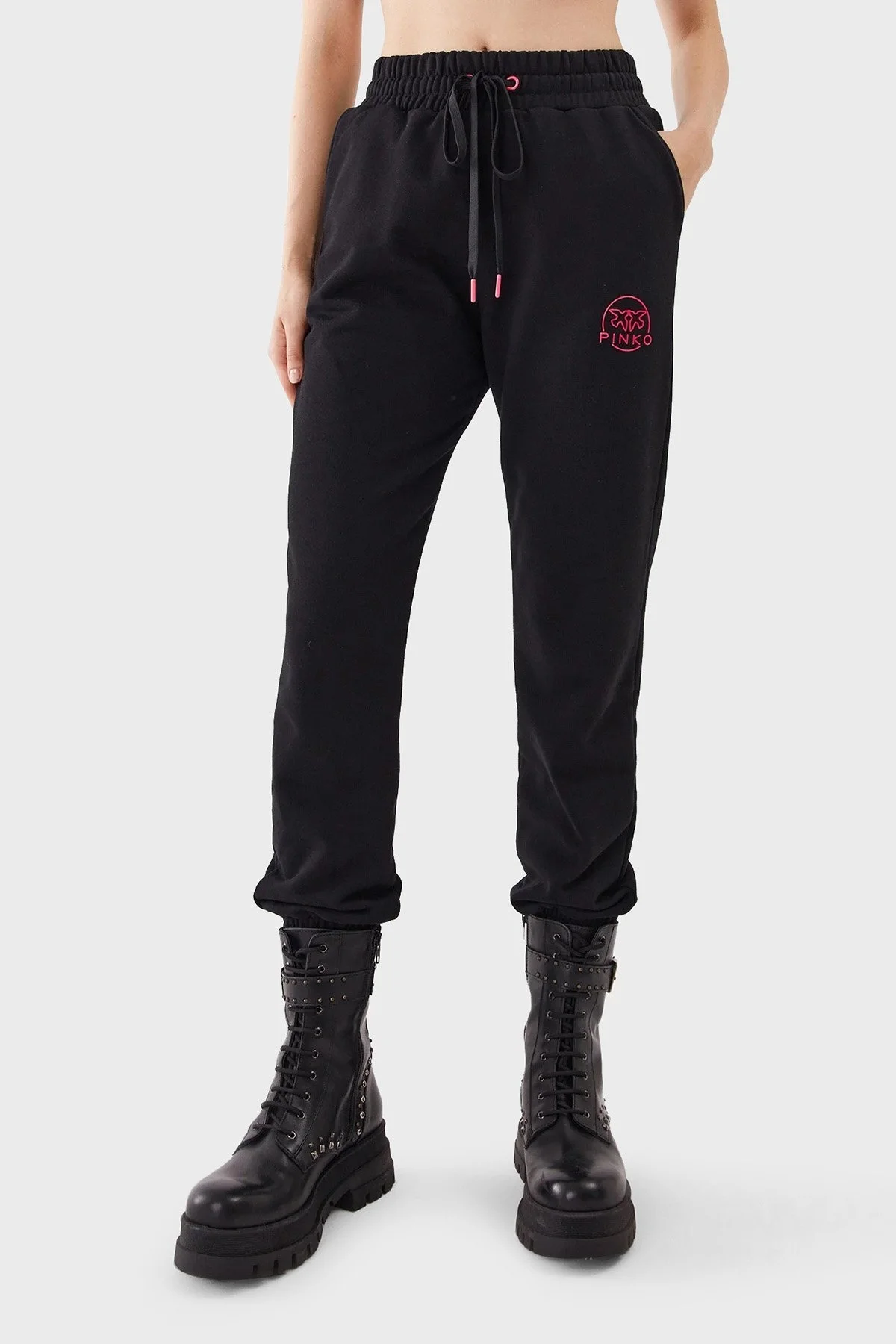 Pinko % 100 Pamuk Cepli Yüksek Belli Dar Paça Relaxed Fit Jogger Spor Bayan Pantolon 100371 A162 Z99 SİYAH - 1
