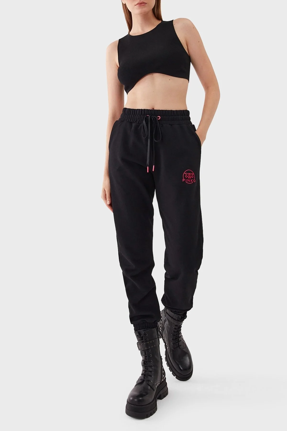 Pinko % 100 Pamuk Cepli Yüksek Belli Dar Paça Relaxed Fit Jogger Spor Bayan Pantolon 100371 A162 Z99 SİYAH - 2