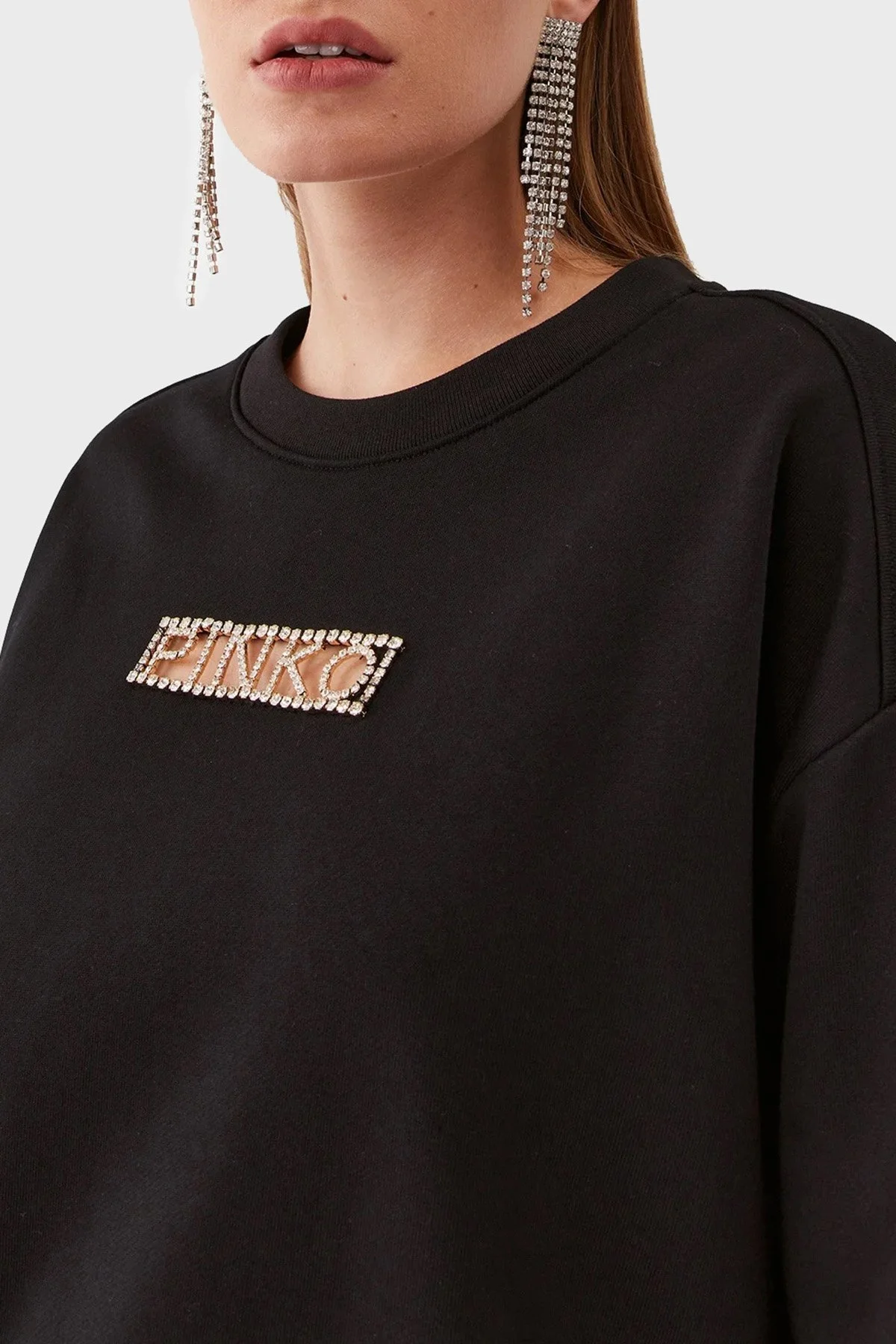 Pinko % 100 Pamuk Parlak Taş Logolu Bisiklet Yaka Regular Fit Bayan Sweat 101607 A12I Z99 SİYAH - 9