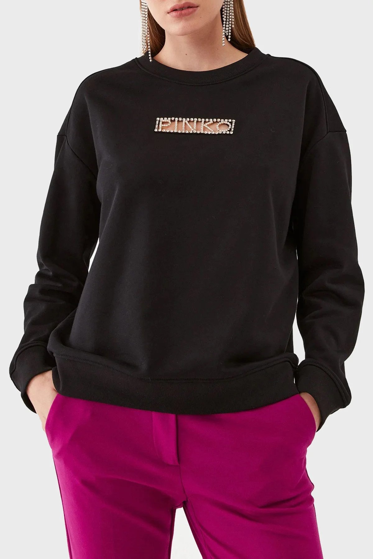 Pinko % 100 Pamuk Parlak Taş Logolu Bisiklet Yaka Regular Fit Kadın Sweat 101607 A12I Z99 SİYAH - 1
