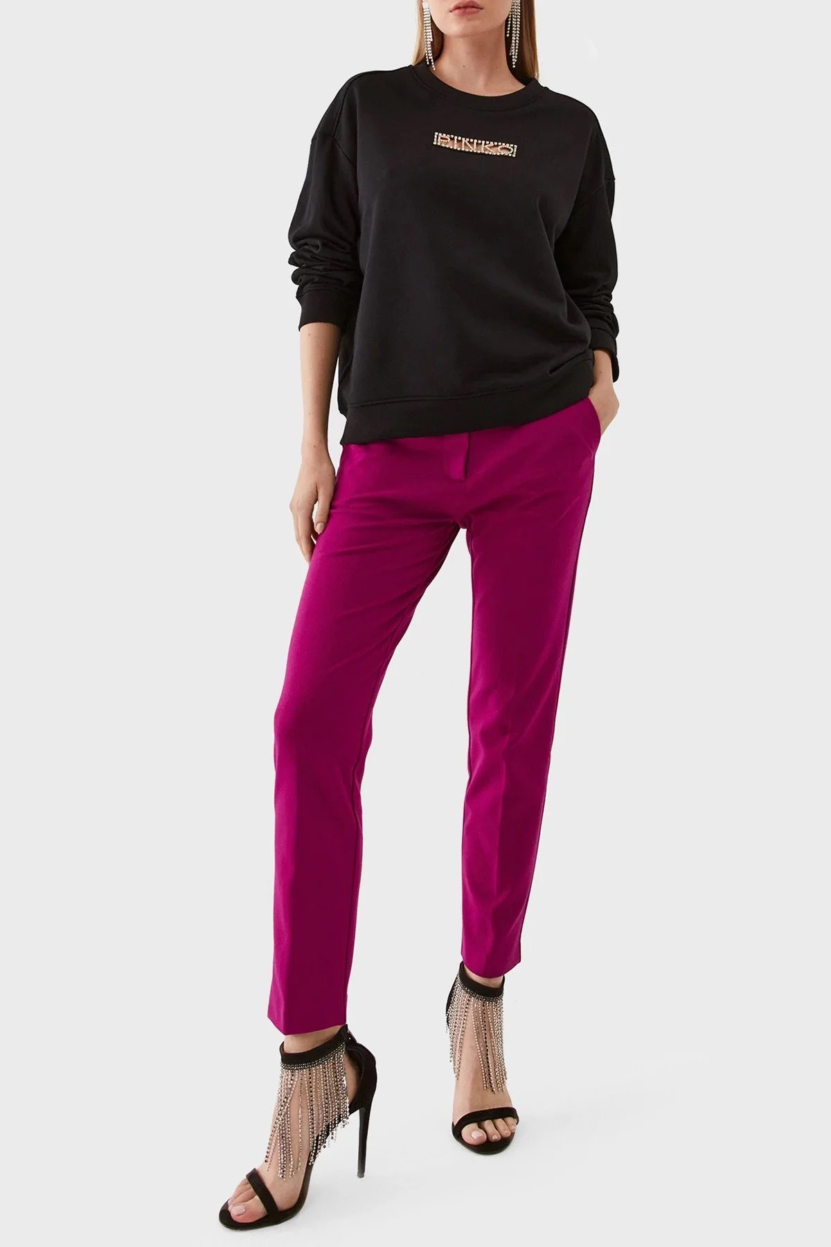 Pinko % 100 Pamuk Parlak Taş Logolu Bisiklet Yaka Regular Fit Kadın Sweat 101607 A12I Z99 SİYAH - 3