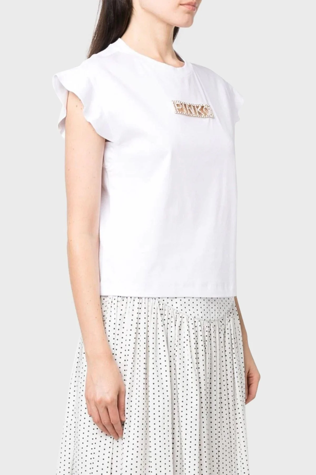 Pinko % 100 Pamuk Elmas İşlemeli Logolu Regular Fit T shirt Bayan Top 101609 A12H Z04 BEYAZ - 6
