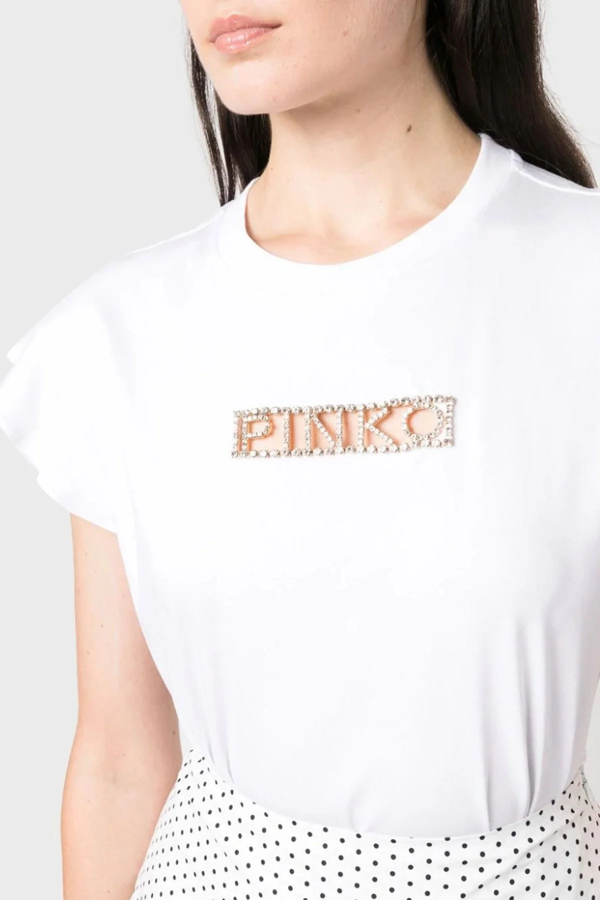 Pinko % 100 Pamuk Elmas İşlemeli Logolu Regular Fit T shirt Bayan Top 101609 A12H Z04 BEYAZ - 8
