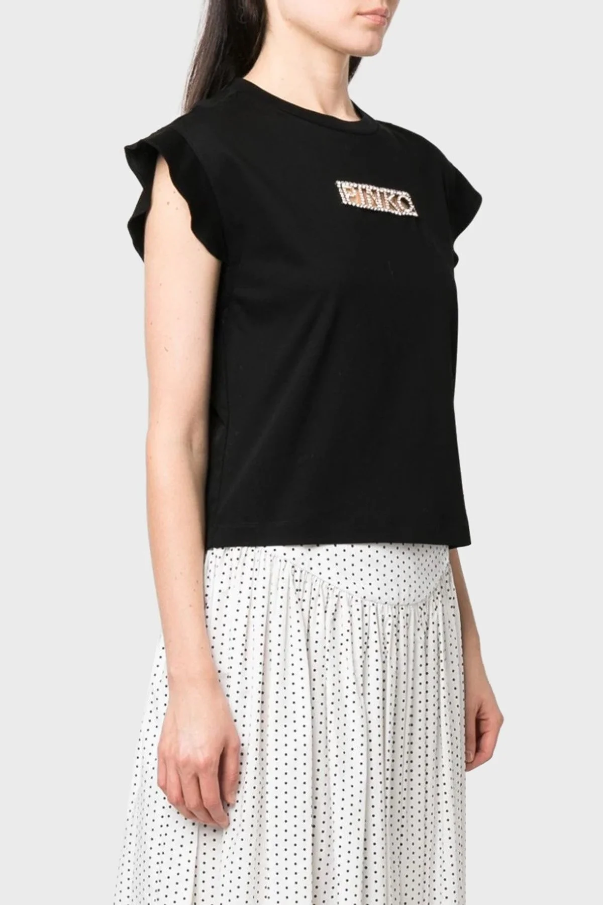 Pinko % 100 Pamuk Elmas İşlemeli Logolu Regular Fit T shirt Bayan Top 101609 A12H Z99 SİYAH - 1