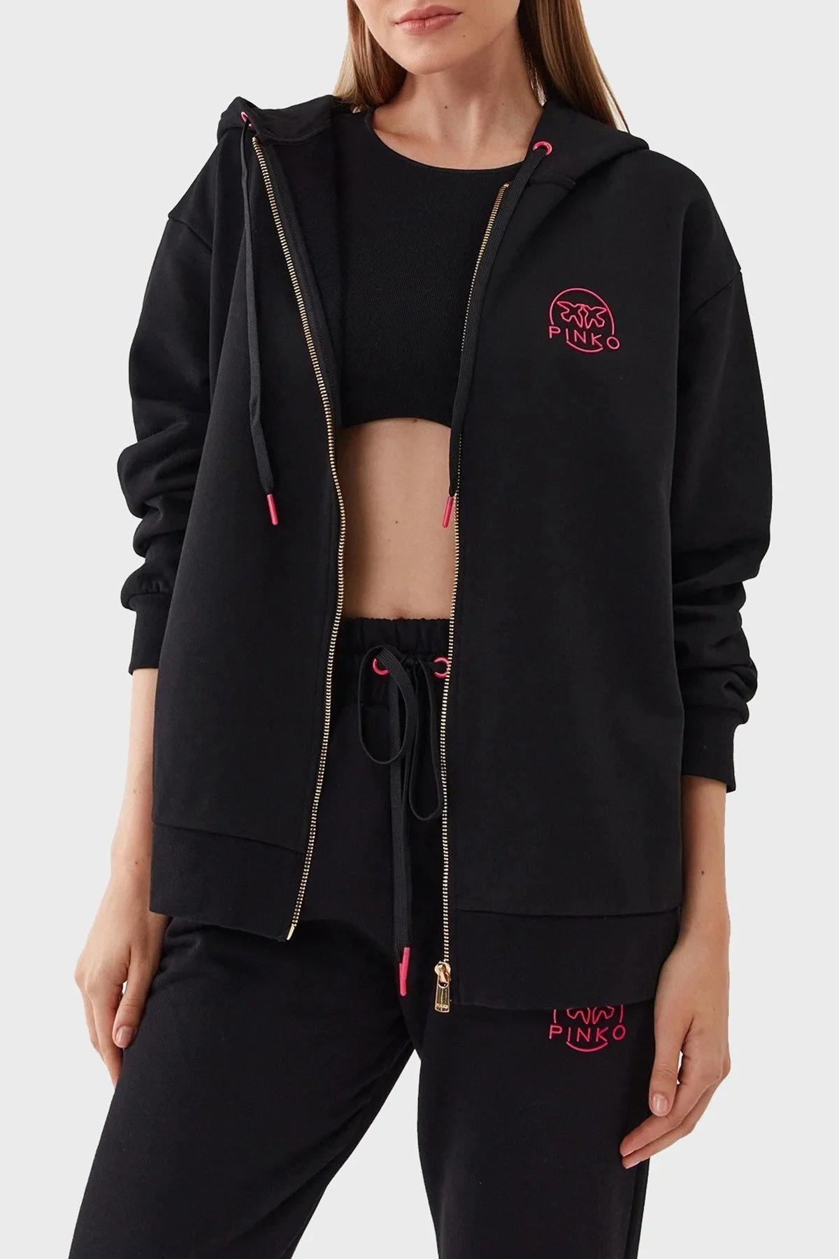 Pinko % 100 Pamuk Fermuarlı Kapüşonlu Relaxed Fit Bayan Sweat 101133 A162 Z99 SİYAH - 6