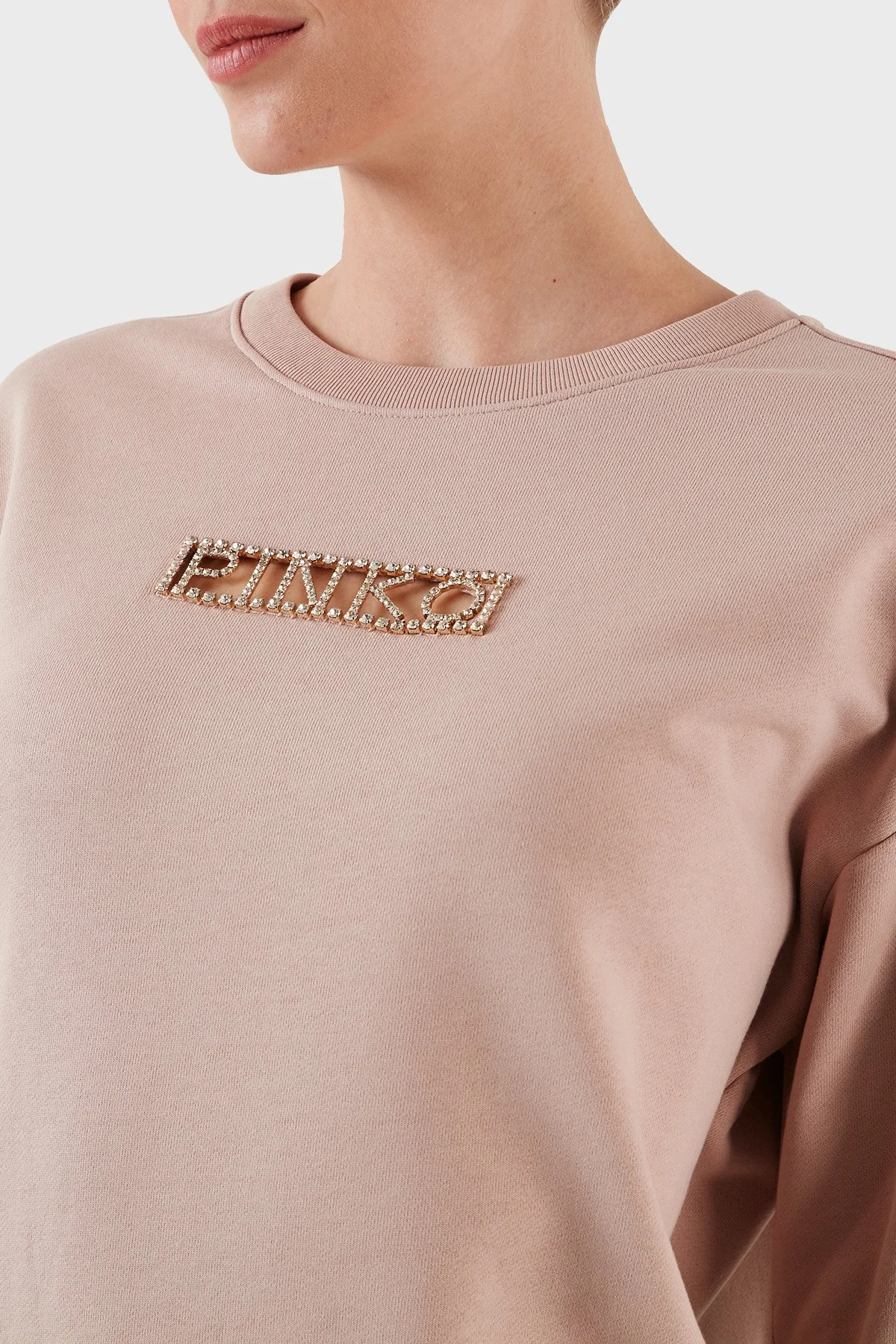 Pinko % 100 Pamuk Parlak Taş Logolu Bisiklet Yaka Regular Fit Kadın Sweat 101607 A12I D46 PUDRA - 5
