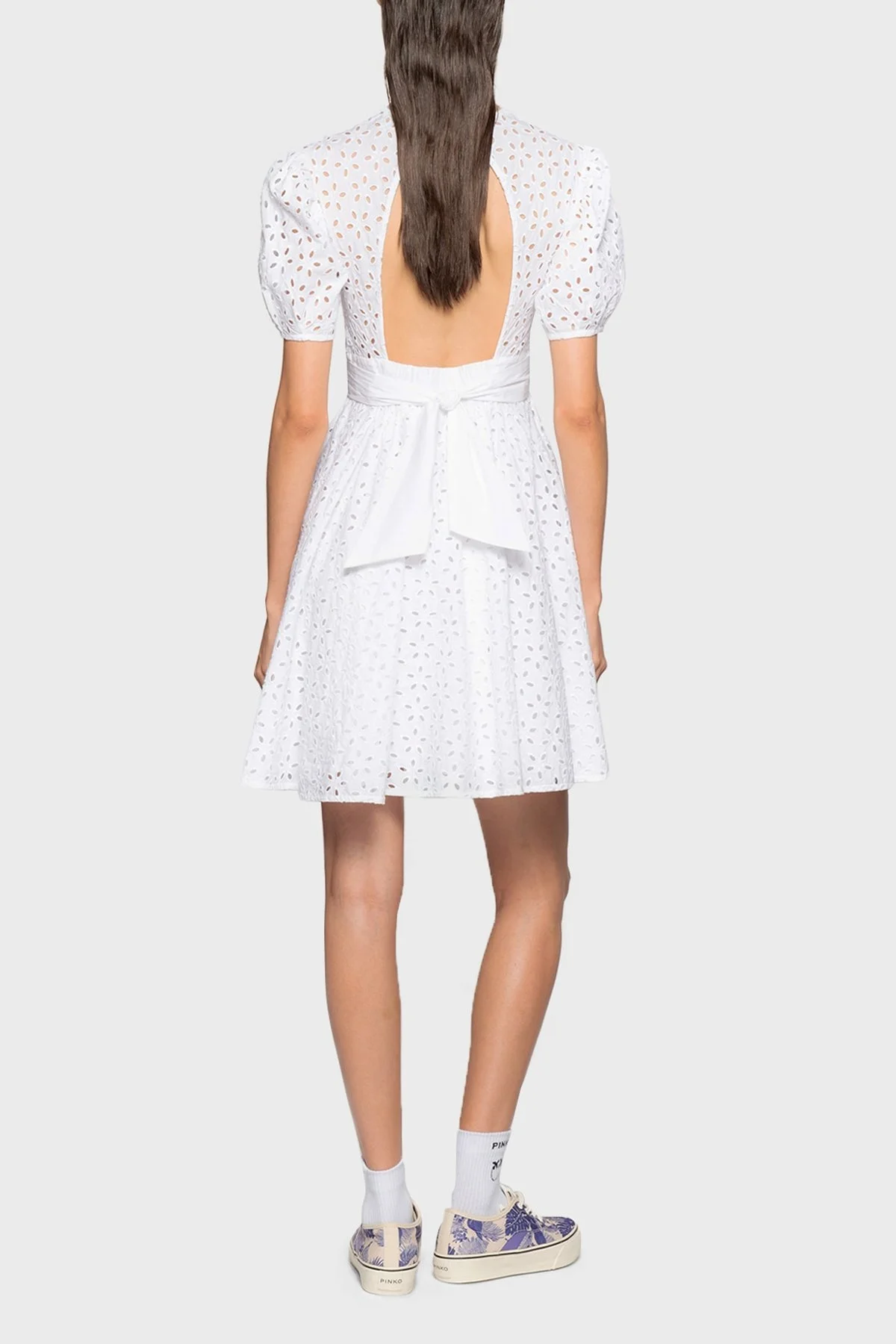 Pinko % 100 Pamuk Sırt Dekolteli Fistolu Balon Kol Mini Bayan Elbise 100890 A0Q4 Z04 BEYAZ - 9