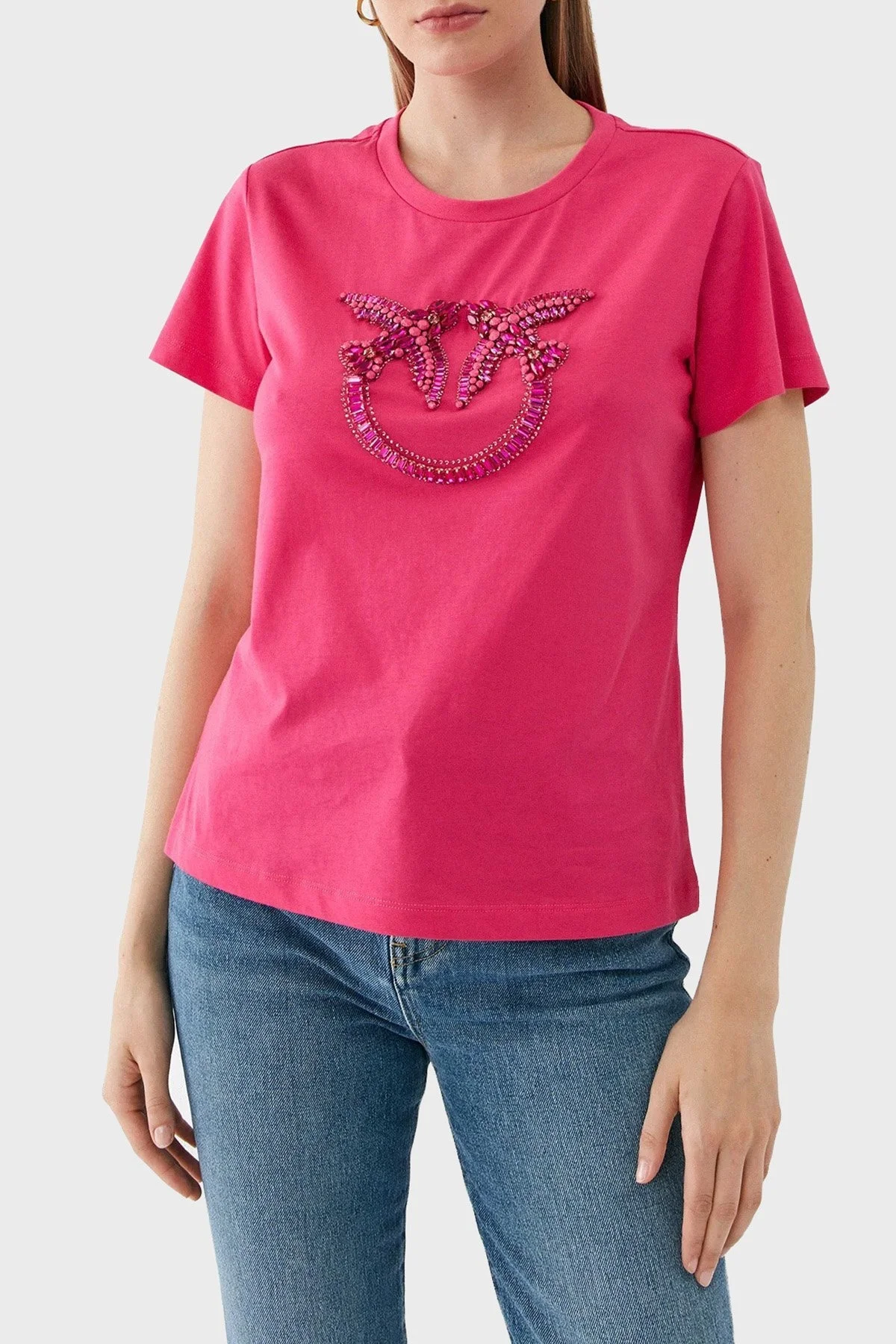 Pinko % 100 Pamuk Taş İşleme Motifli Regular Fit Bayan T Shirt 100535 A15D N17 PEMBE - 1