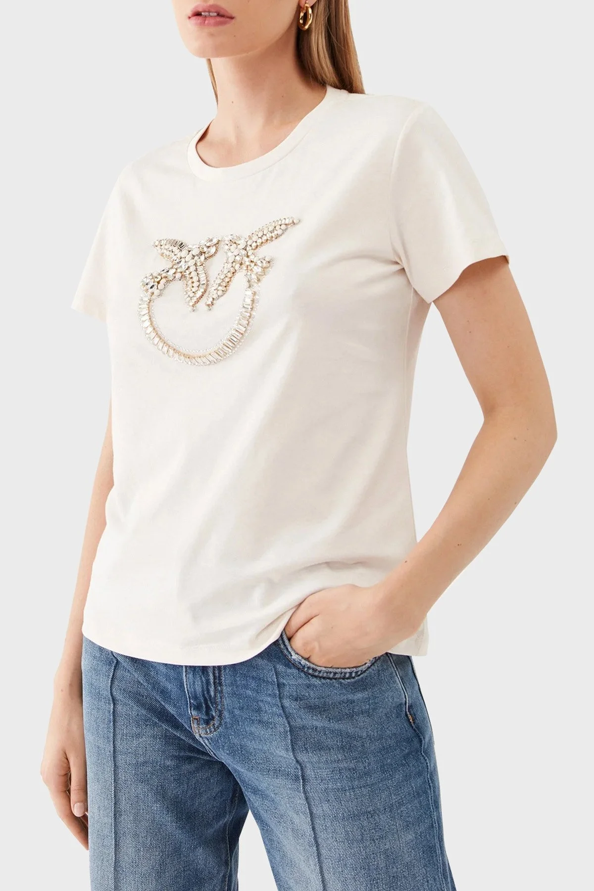 Pinko % 100 Pamuk Taş İşleme Motifli Regular Fit Bayan T Shirt 100535 A15D N96 BEJ - 1