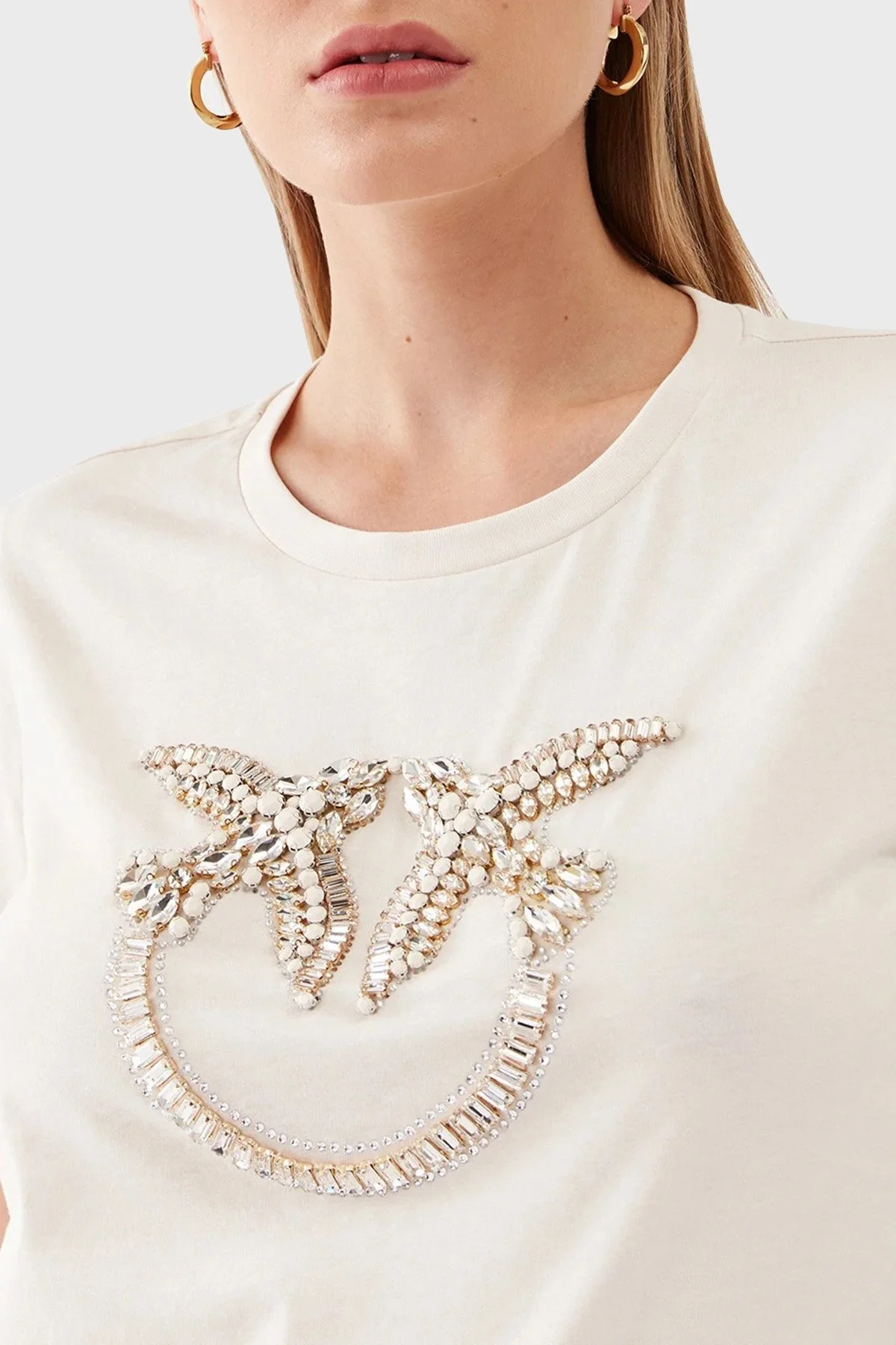 Pinko % 100 Pamuk Taş İşleme Motifli Regular Fit Bayan T Shirt 100535 A15D N96 BEJ - 4