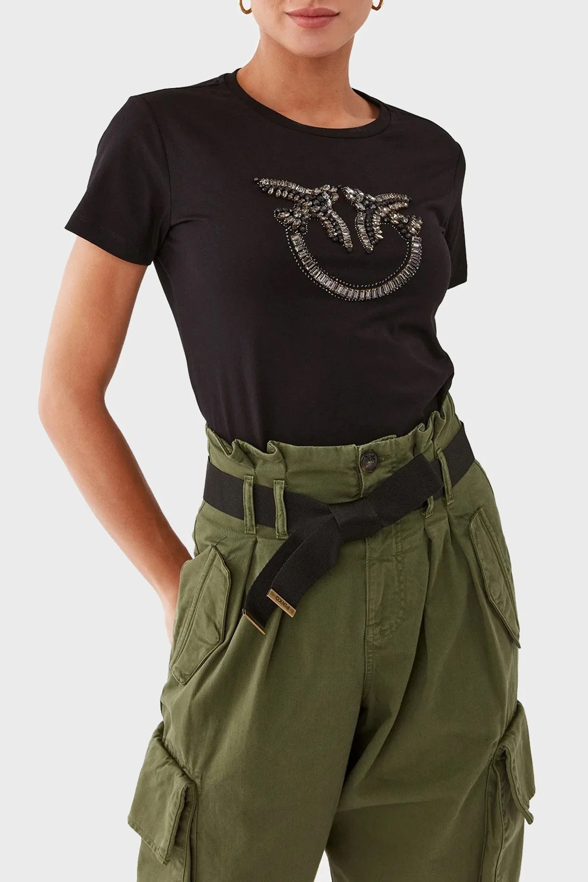 Pinko % 100 Pamuk Taş İşleme Motifli Regular Fit Bayan T Shirt 100535 A15D Z99 SİYAH - 1