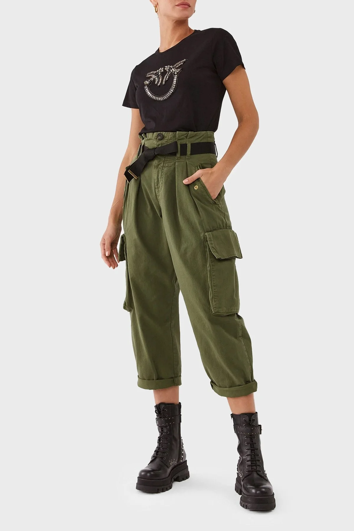 Pinko % 100 Pamuk Taş İşleme Motifli Regular Fit Bayan T Shirt 100535 A15D Z99 SİYAH - 2