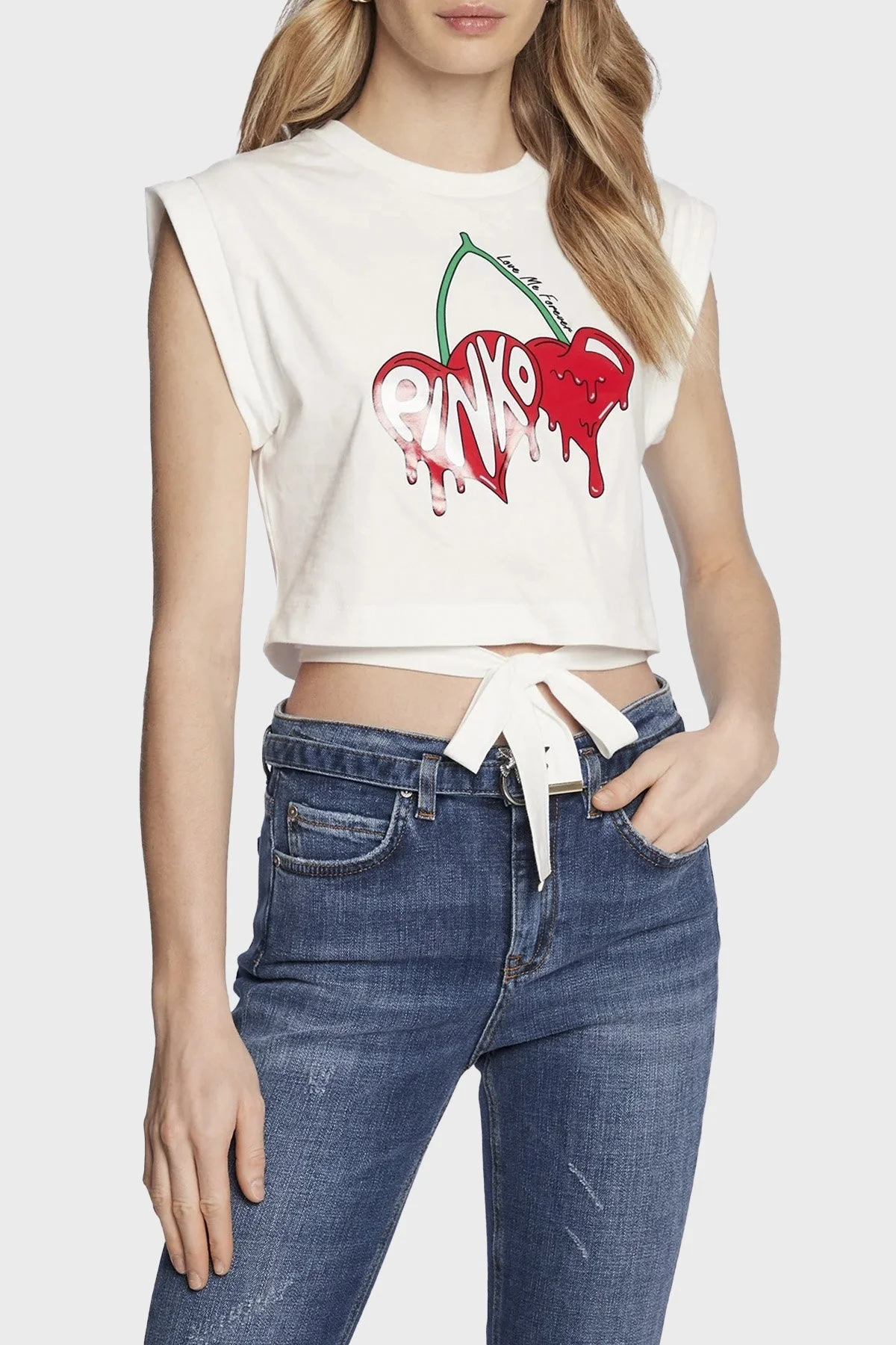 Pinko Baskılı Bağlama Detaylı Bisiklet Yaka % 100 Pamuk Regular Fit Bayan T Shirt 101123 A0U1 Z07 BEYAZ - 1