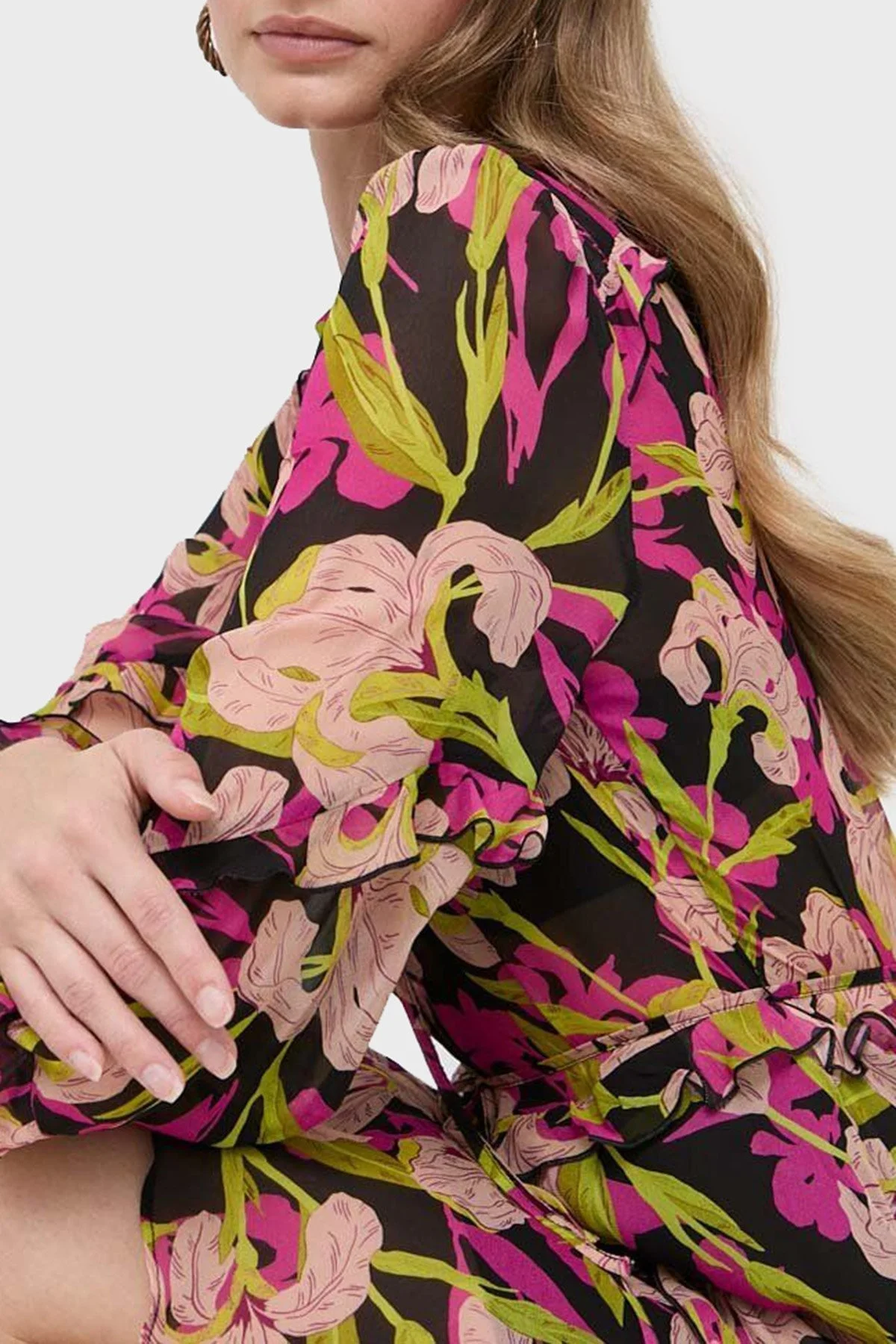 Pinko Çiçek Baskılı Fırfırlı İpli Bağlamalı Düğmeli Kapatmalı Regular Fit Bayan Elbise 101493 A155 ZY5 Pembe-Sarı - 4