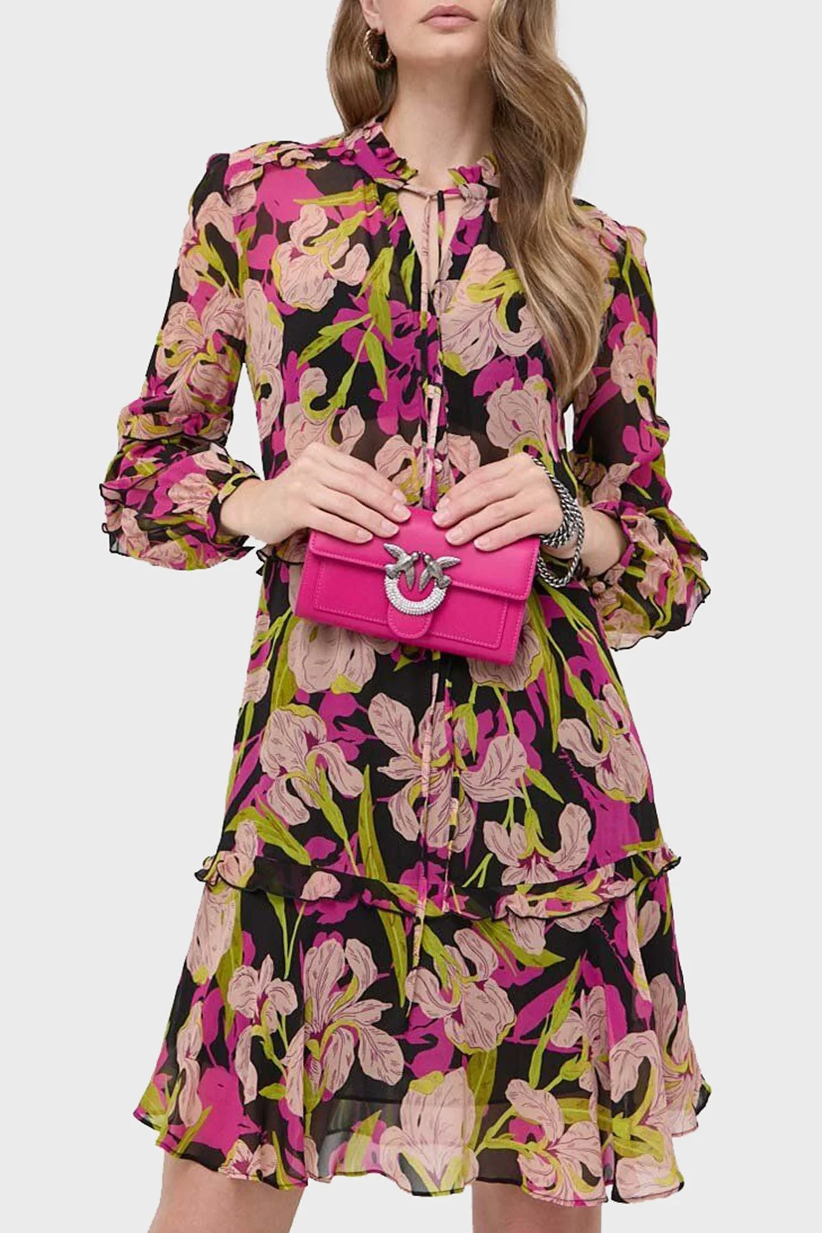 Pinko Çiçek Baskılı Fırfırlı İpli Bağlamalı Düğmeli Kapatmalı Regular Fit Kadın Elbise 101493 A155 ZY5 Pembe-Sarı - 1