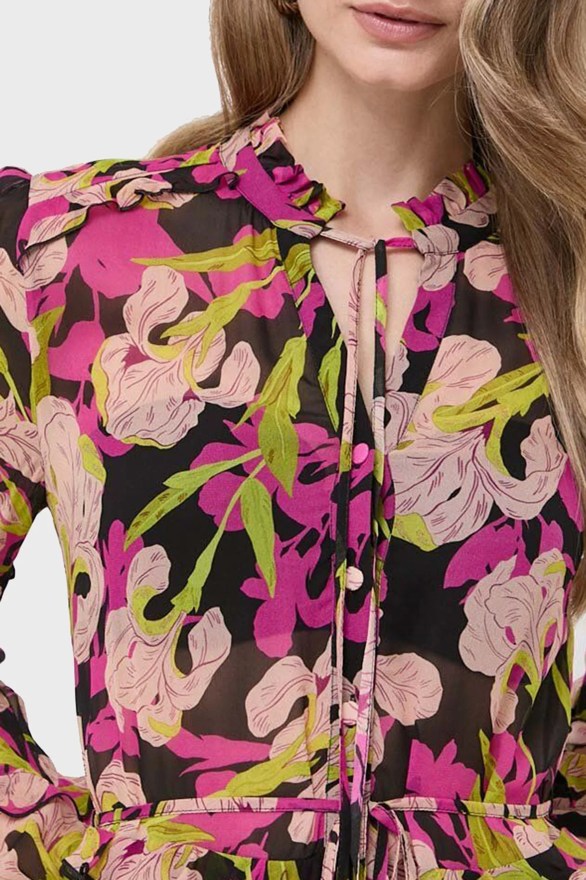 Pinko Çiçek Baskılı Fırfırlı İpli Bağlamalı Düğmeli Kapatmalı Regular Fit Kadın Elbise 101493 A155 ZY5 Pembe-Sarı - 2