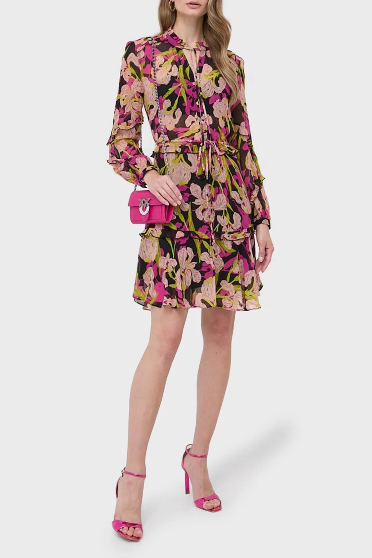 Pinko Çiçek Baskılı Fırfırlı İpli Bağlamalı Düğmeli Kapatmalı Regular Fit Kadın Elbise 101493 A155 ZY5 Pembe-Sarı - 3