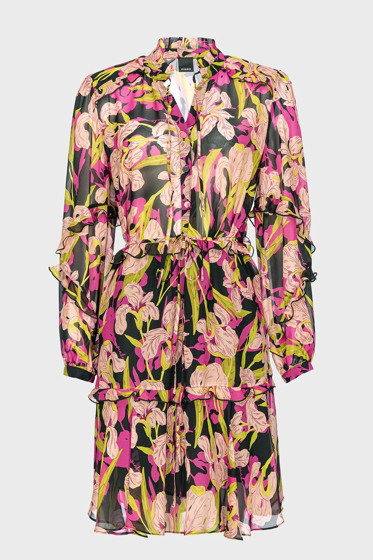 Pinko Çiçek Baskılı Fırfırlı İpli Bağlamalı Düğmeli Kapatmalı Regular Fit Kadın Elbise 101493 A155 ZY5 Pembe-Sarı - 6